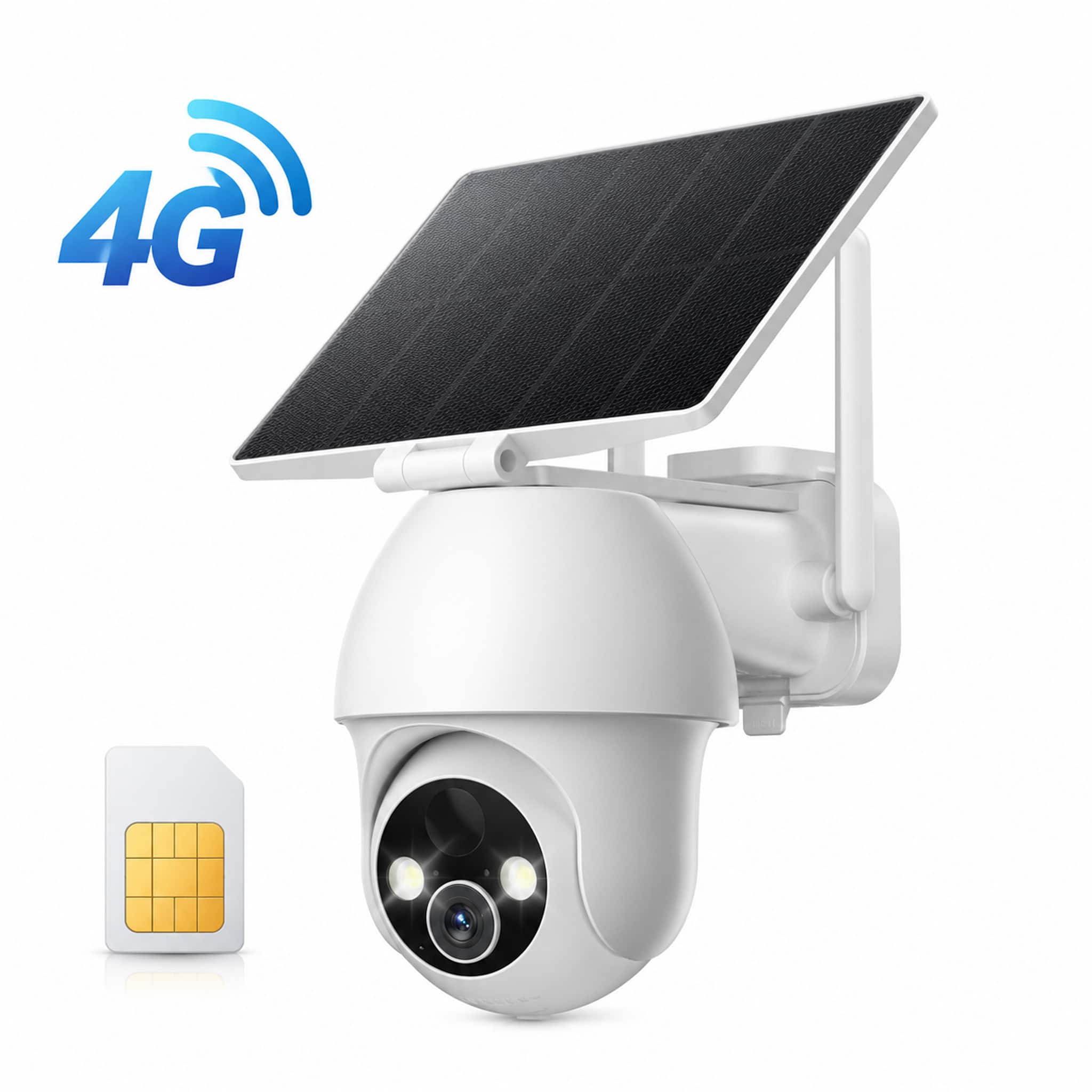 COQOOL - Outdoor Solar Security Camera Wireless, 4G LTE, No WiFi, Built-in SIM, 2K HD, 355° PTZ,PIR Motion Detection,Night Vision - White