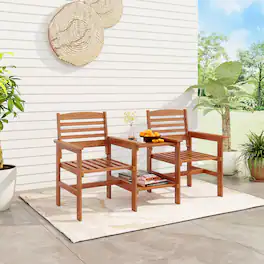 Gymax - Outdoor Patio Loveseat w/ Coffee Table & Umbrella Hole for Garden Poolside - Natural