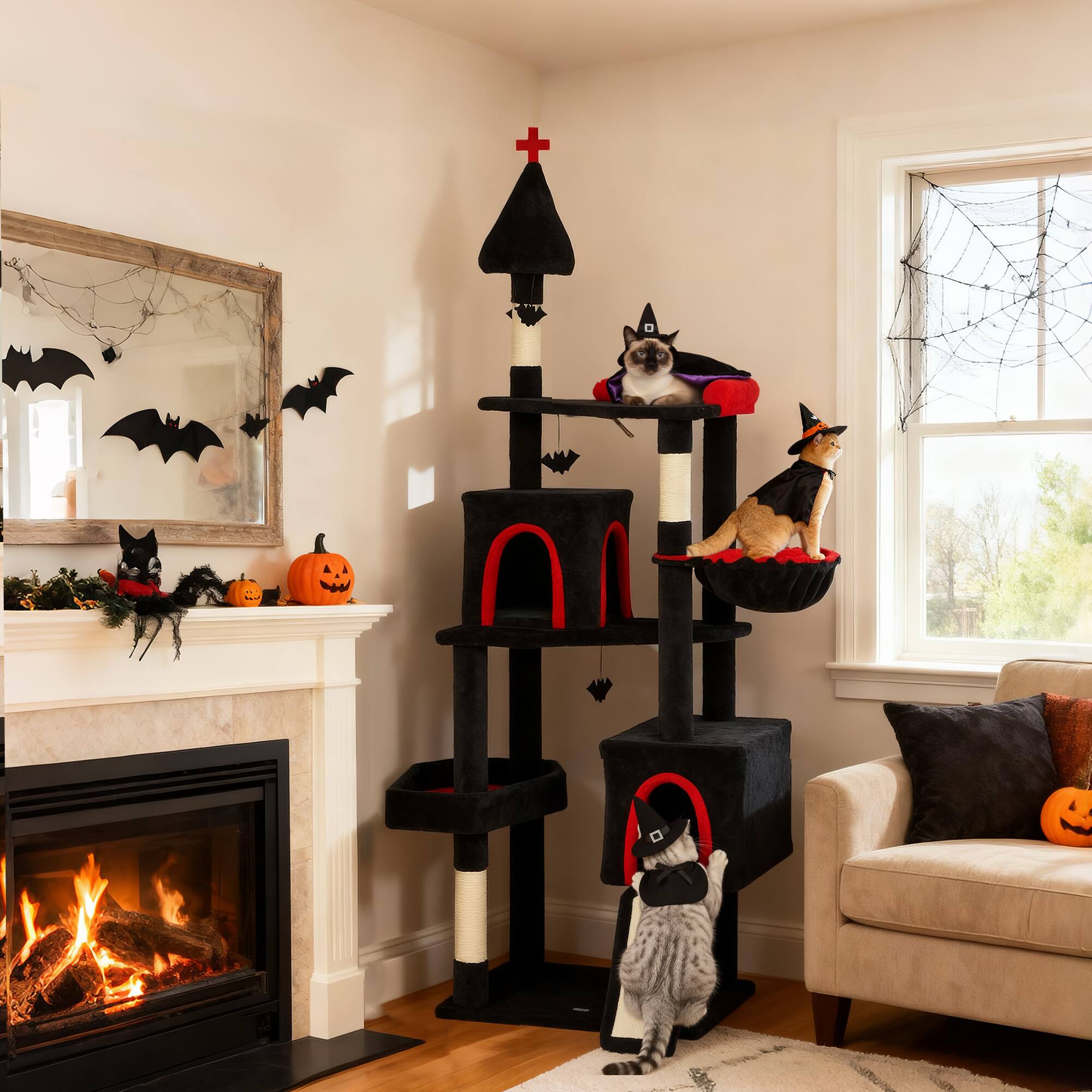 Alt View 1. Pawhut - Gothic Cat Tree, Cat Tower with Coffin Bed, 2 Spacious Condos, Sisal Scratching Posts - Black.