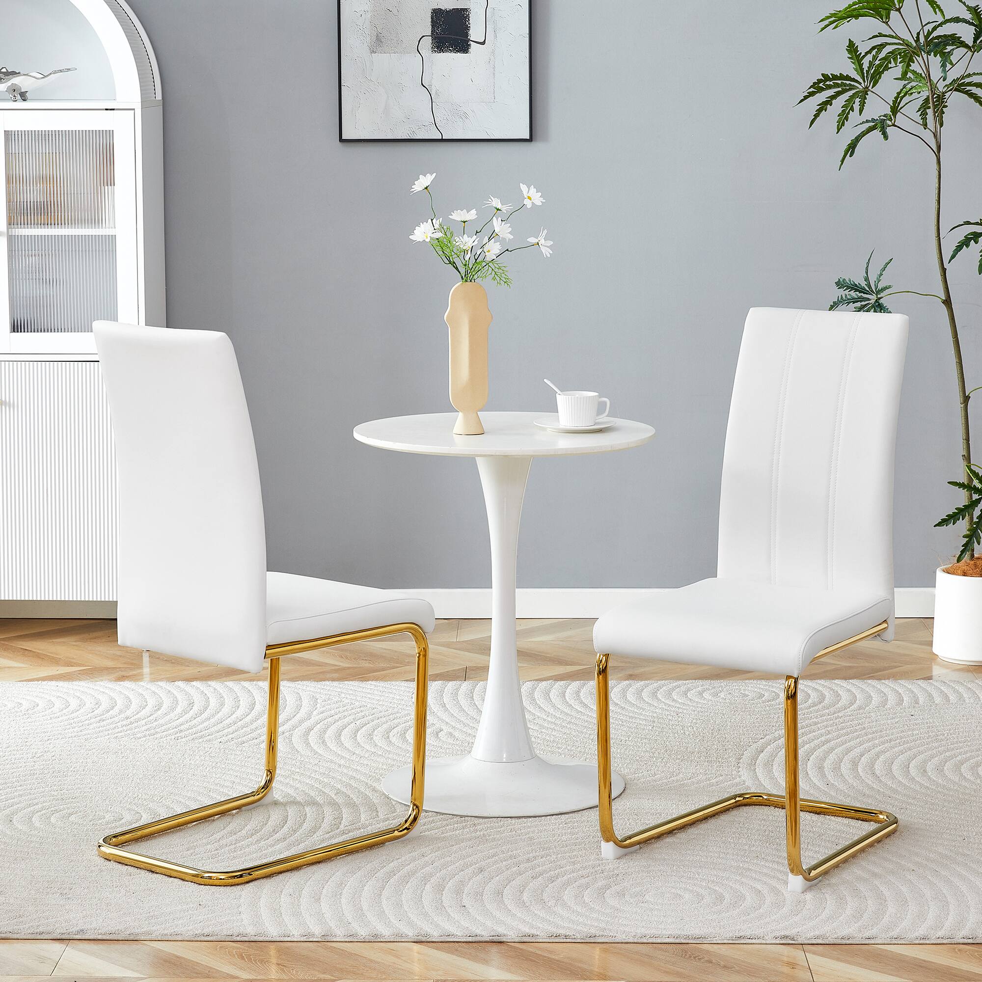 Left. Loheer - High Back PU Dining Chairs with Gold Legs - Set of 2 - Gold,White.