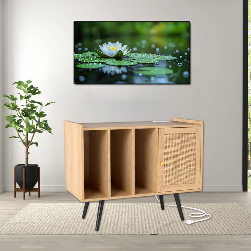 Hivvago - Turntable Stand with Power Outlets and Rattan Storage Cabinet for Living Room - Natural