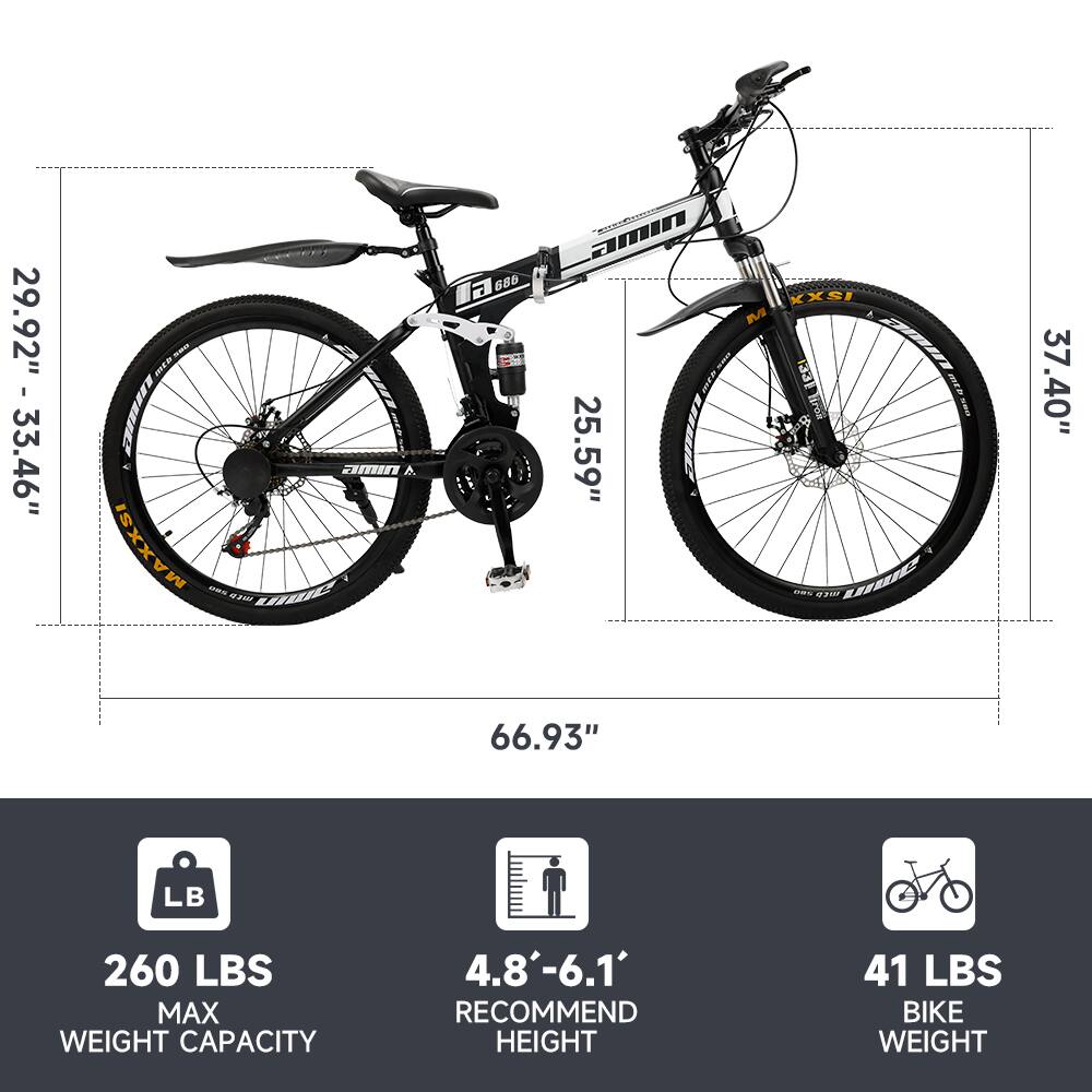 29.92" - 33.46"  
25.59"  
37.40"  
66.93"  

260 LBS MAX WEIGHT CAPACITY  
4.8' - 6.1' RECOMMEND HEIGHT  
41 LBS BIKE WEIGHT