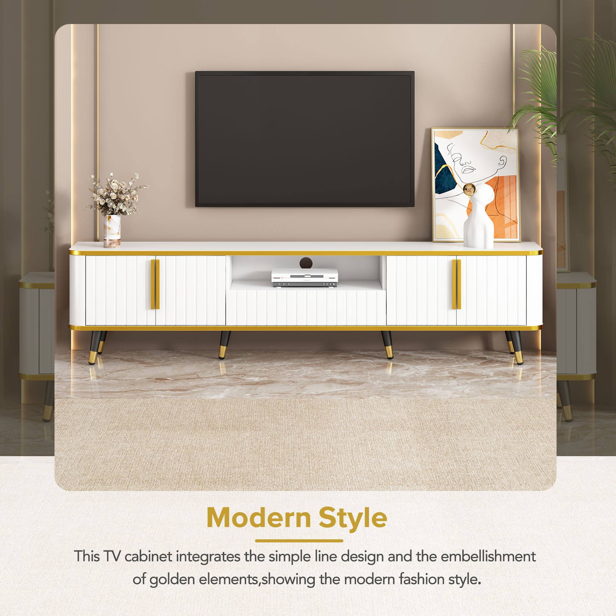 Modern Style

This TV cabinet integrates the simple line design and the embellishment of golden elements, showing the modern fashion style.