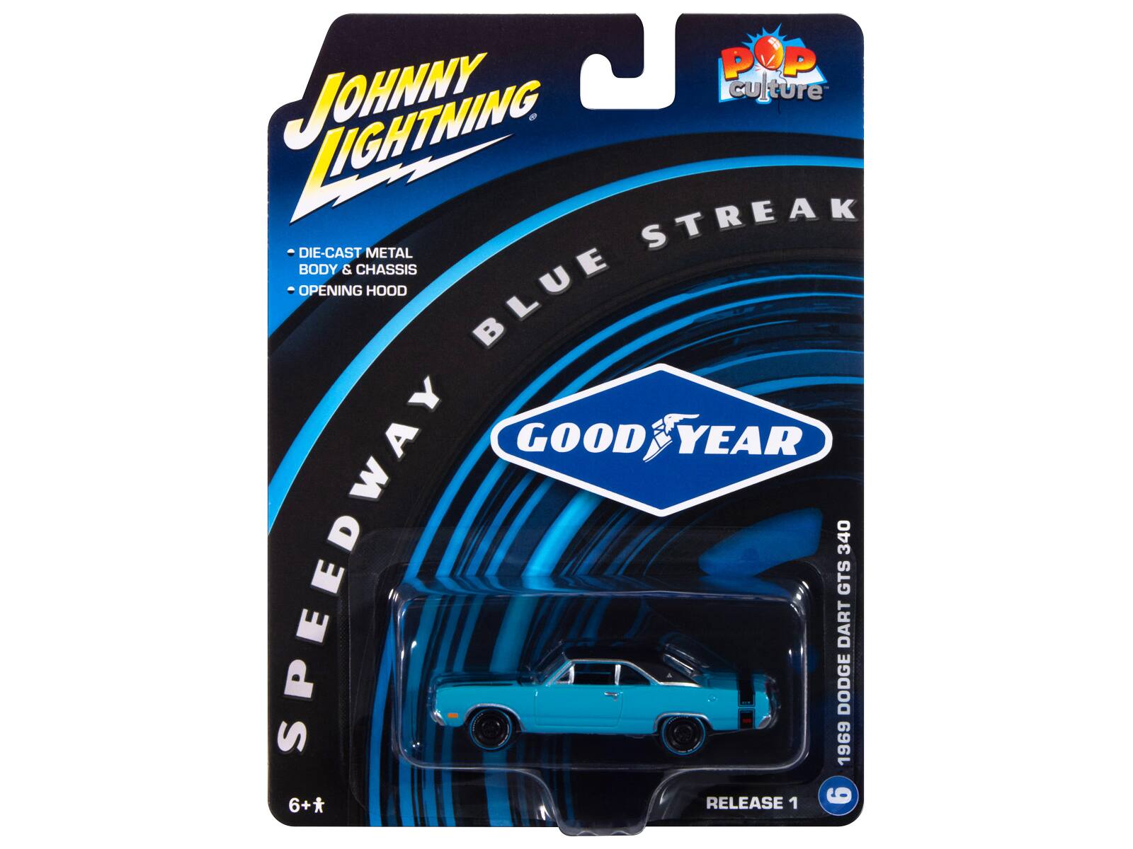 JOHNNY LIGHTNING  
LIGHTNING STREAK  
DIE-CAST METAL BODY & CHASSIS  
OPENING HOOD  
BLUE  
GOOD YEAR  
1969 SPEEDWAY DODGE GTS DART  
RELEASE 1  
6+