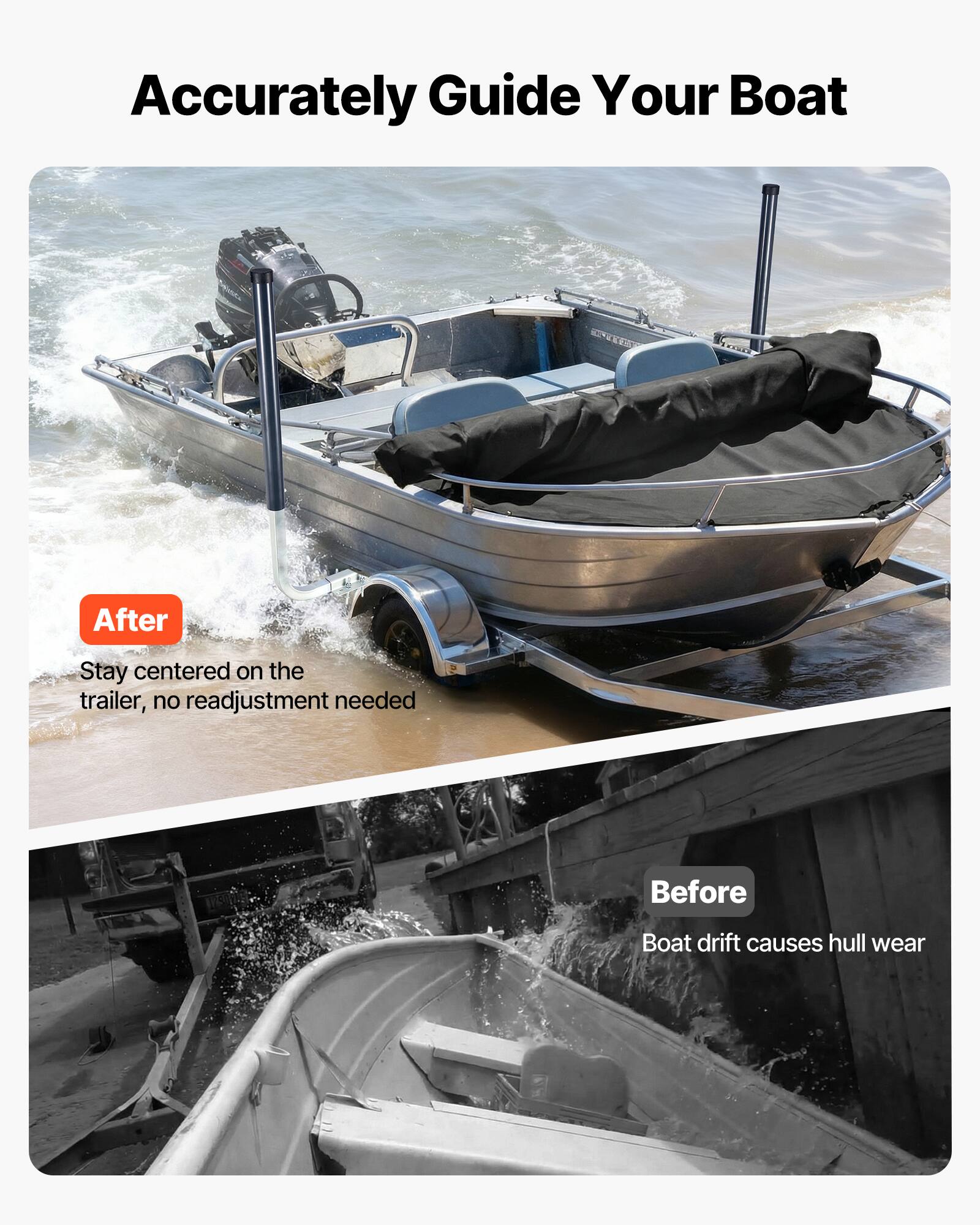 Accurately Guide Your Boat

After
Stay centered on the trailer, no readjustment needed

Before
Boat drift causes hull wear