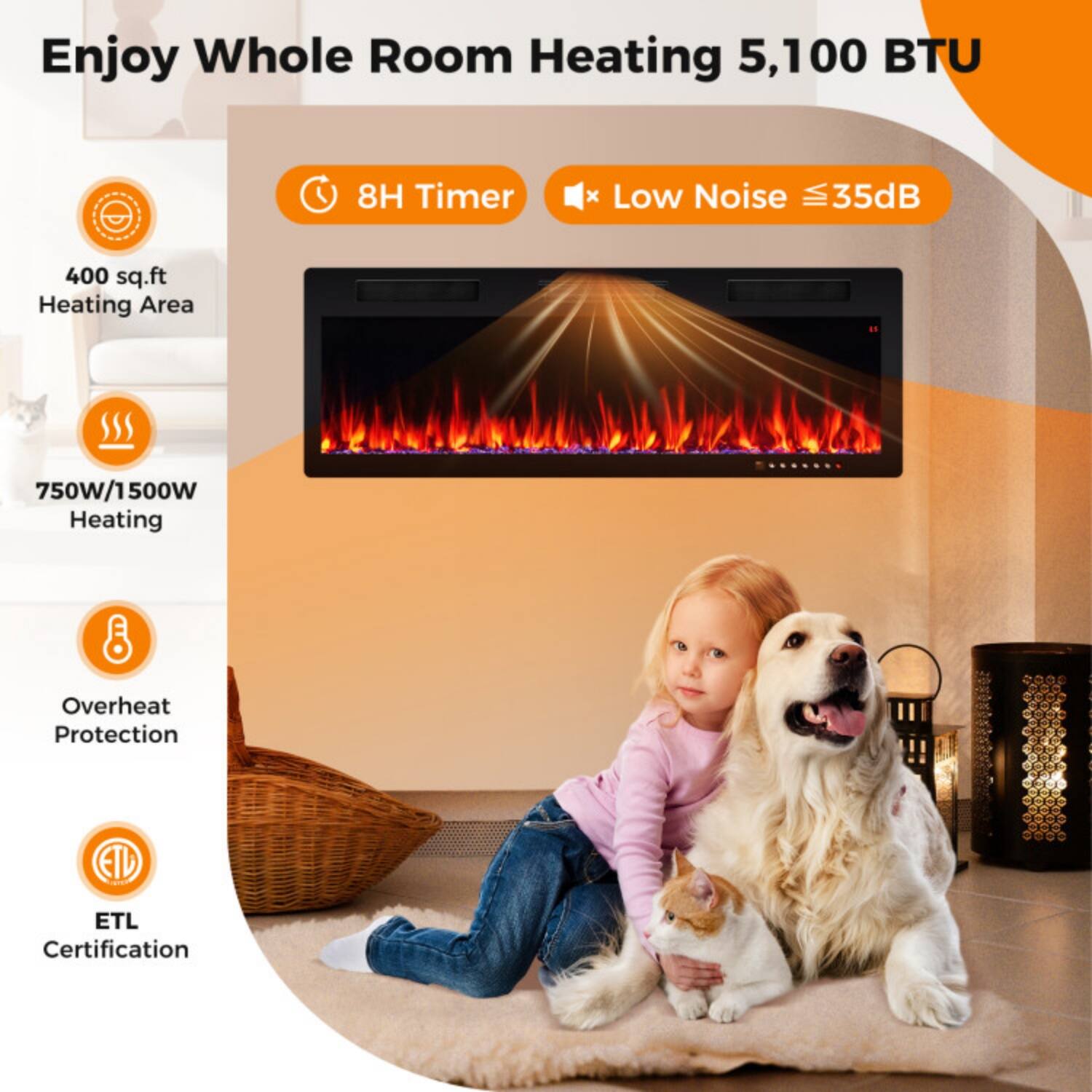 Enjoy Whole Room Heating 5,100 BTU  
8H Timer  
Low Noise ≤35dB  
400 sq.ft Heating Area  
750W/1500W Heating  
Overheat Protection  
ETL Certification