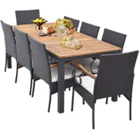 Costway 9 PCS Patio Rattan Dining Set with Acacia Wood Table, Cushions, 1.9" Umbrella Hole - Mix Brown + Off White - Front_Zoom