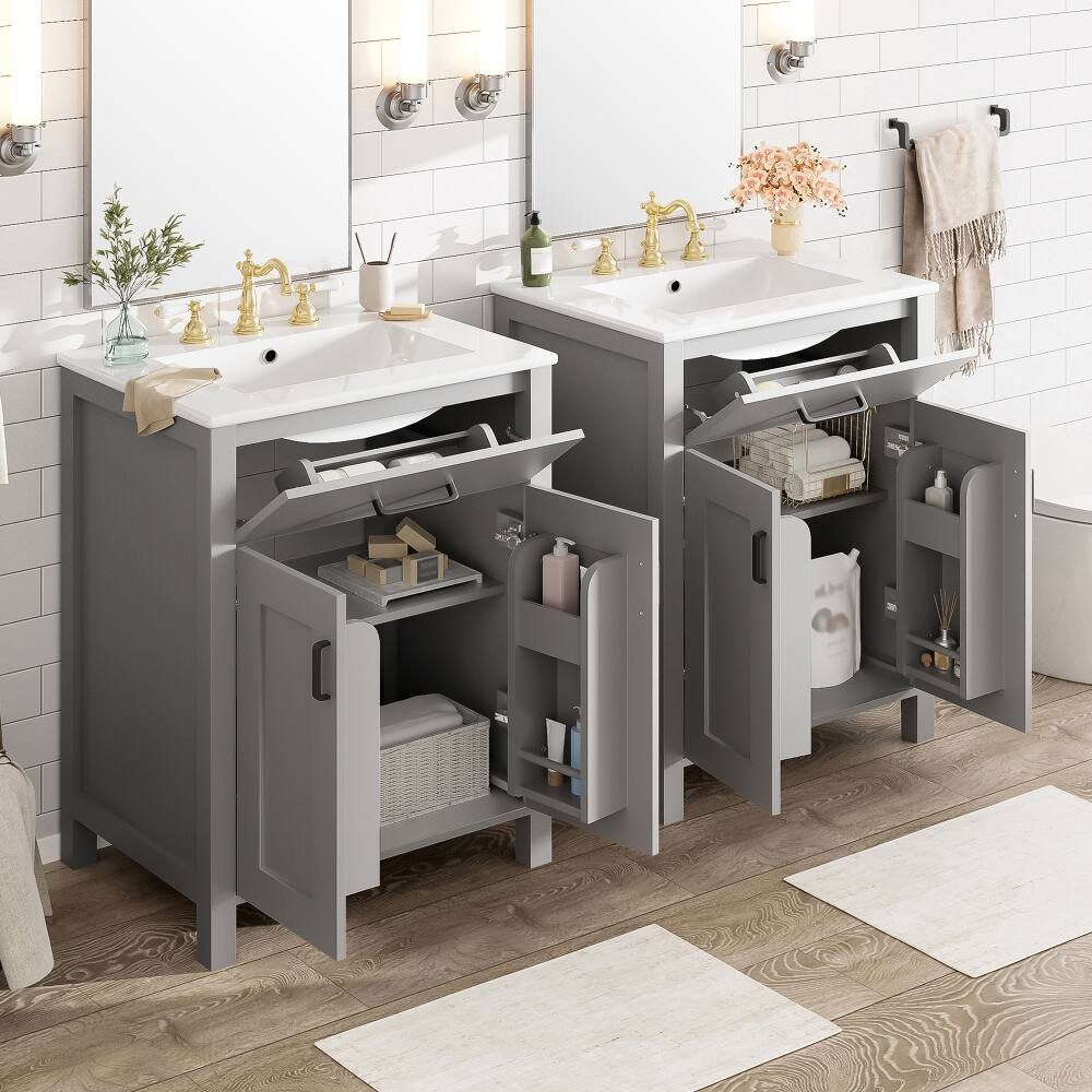 Left. Loheer - Loheer 48 inch double bathroom vanity Grey Freestanding Cabinet with Ceramic Sinks - Grey.