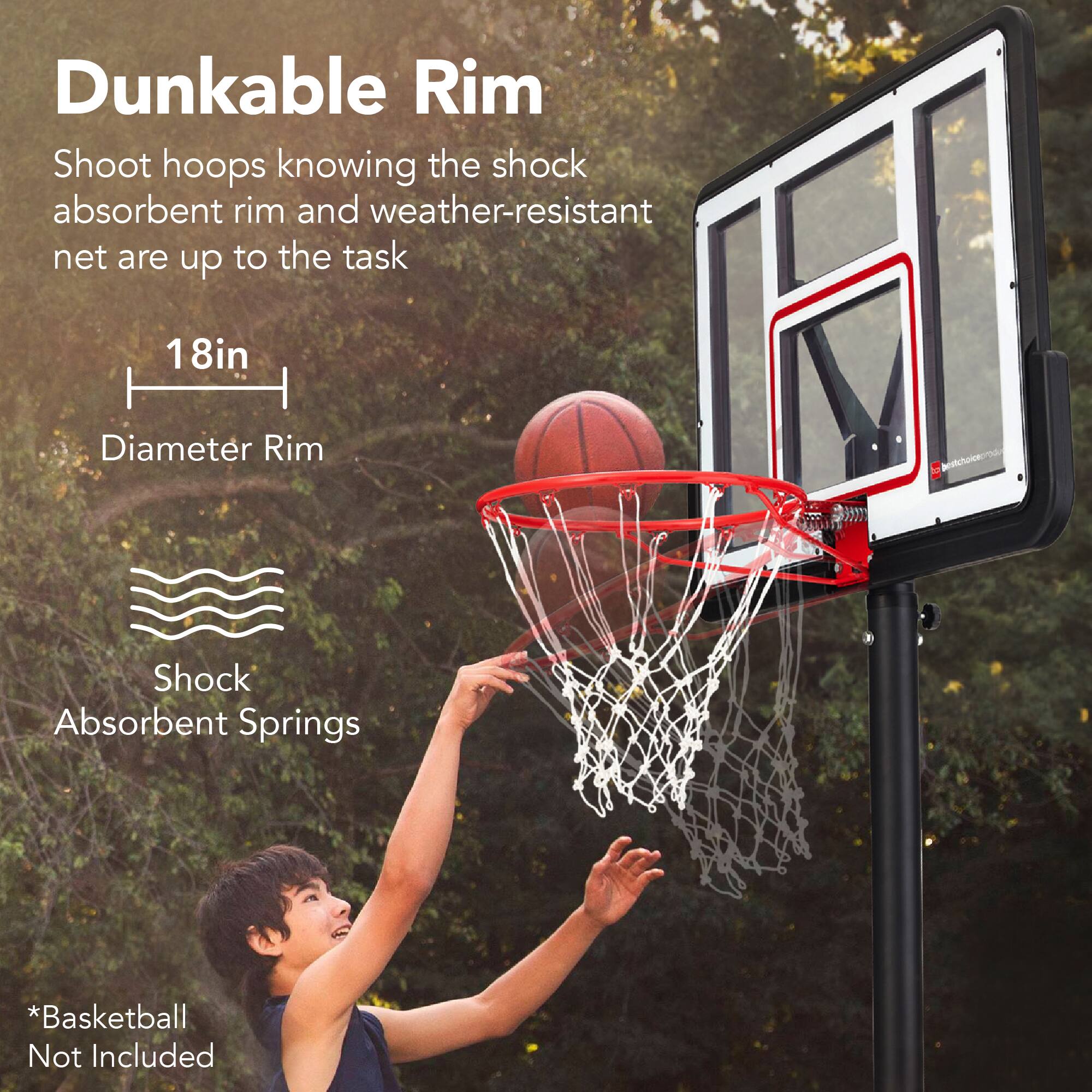 Dunkable Rim

Shoot hoops knowing the shock absorbent rim and weather-resistant net are up to the task

18in Diameter Rim

Shock Absorbent Springs

*Basketball Not Included