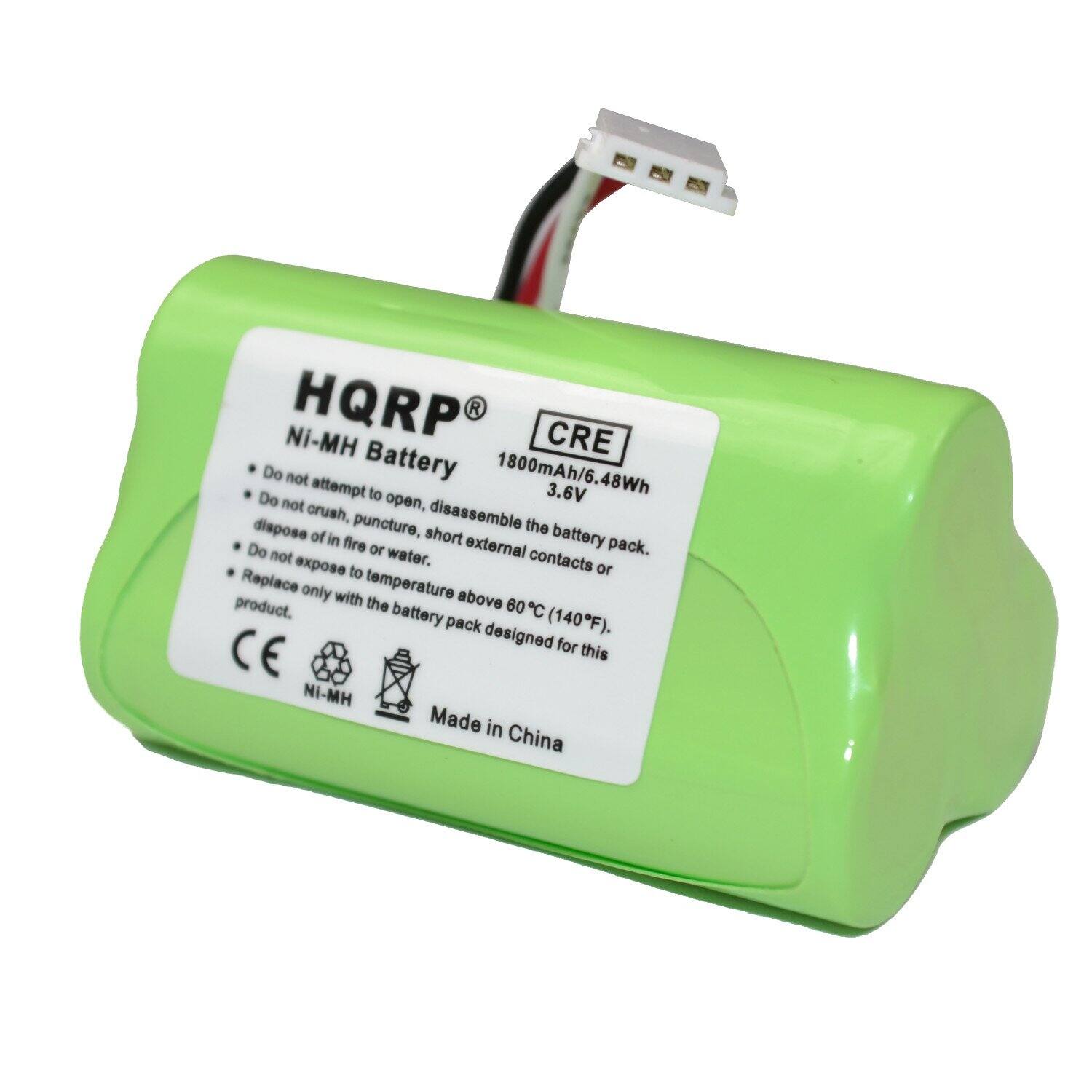 HQRPR  
Ni-MH Battery  
1800mAh/6.48Wh  
3.6V  

CRE  

Do not attempt to open, disassemble the battery pack.  
Do not crush, puncture, short external contacts or dispose of in fire.  
Do not expose to water.  
Do not expose to temperature above 60°C (140°F).  
Replace only with the battery pack designed for this product.  

CE  
Ni-MH  
Made in China