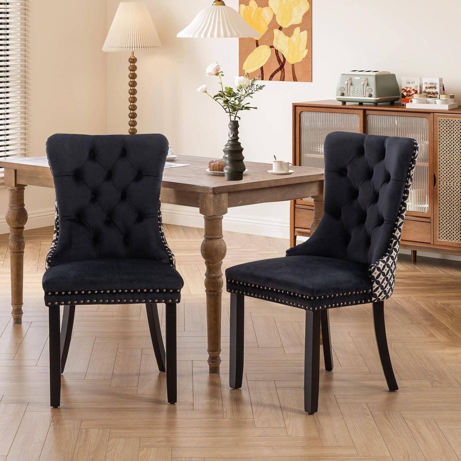 Alt View 1. Trinkets Crazed - Velvet Dining Chairs Set of 2, Upholstered High-end Tufted Dining Room Chair with Wood Legs Nailhead Trim for Kitchen - Black and Patterned.