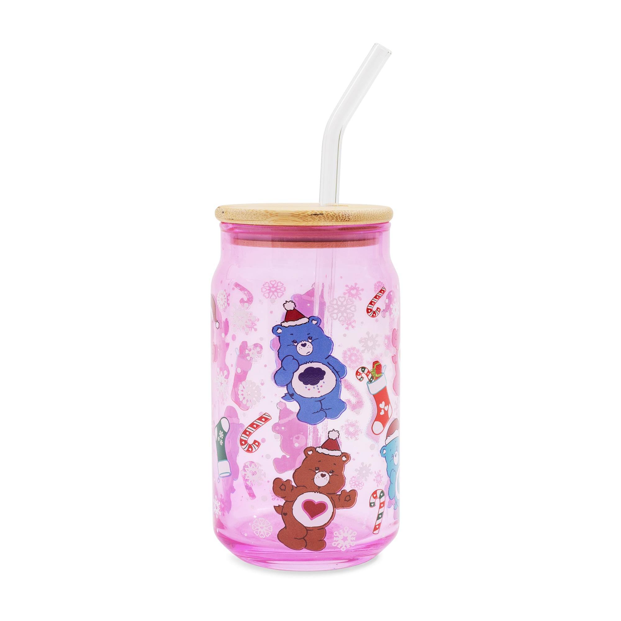 Front. Silver Buffalo - Care Bears Holiday Glass Tumbler With Bamboo Lid and Straw | Holds 16 Ounces - Pink.