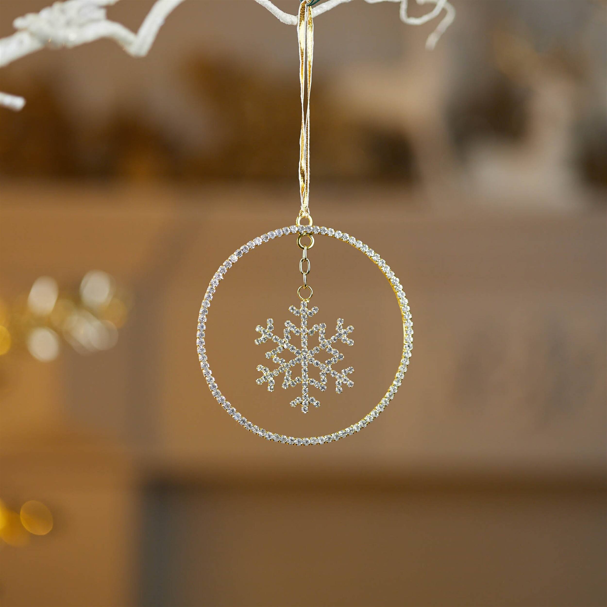 Angle. BreeBe - Jeweled Metal Hanging Snowflake Ornament (Set of 12) - Gold, Gray.