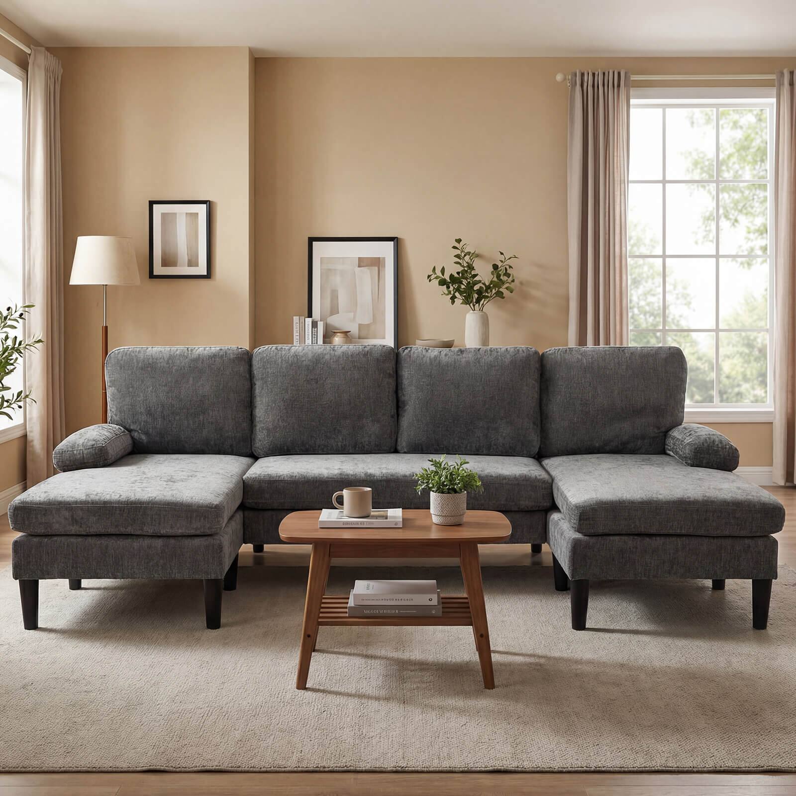 Alt View 3. Costway - Costway Sectional Couch, Chenille Upholstered Sofa Couch with Double Chaise for Home Office - Gray.