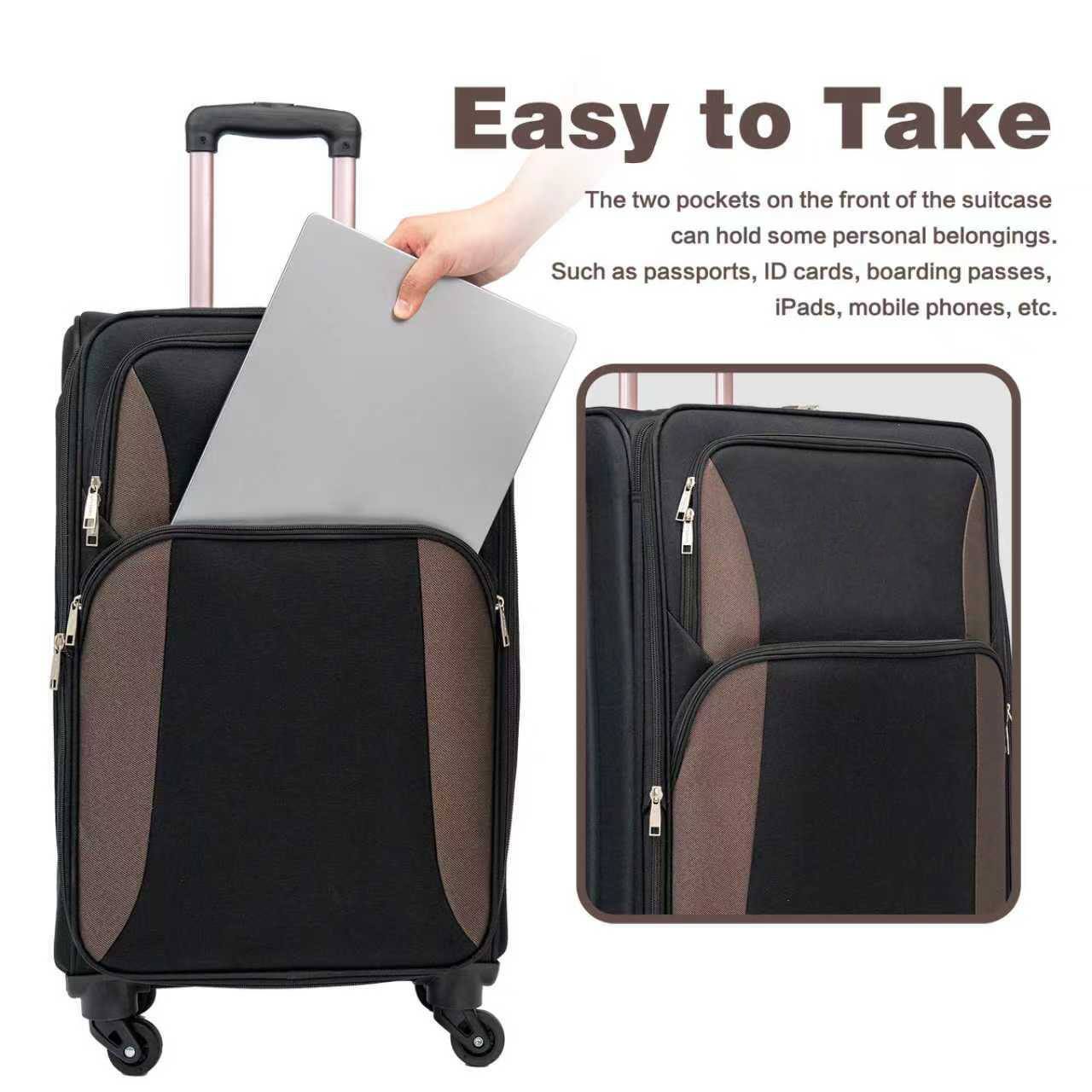 Easy to Take

The two pockets on the front of the suitcase can hold some personal belongings. Such as passports, ID cards, boarding passes, iPads, mobile phones, etc.