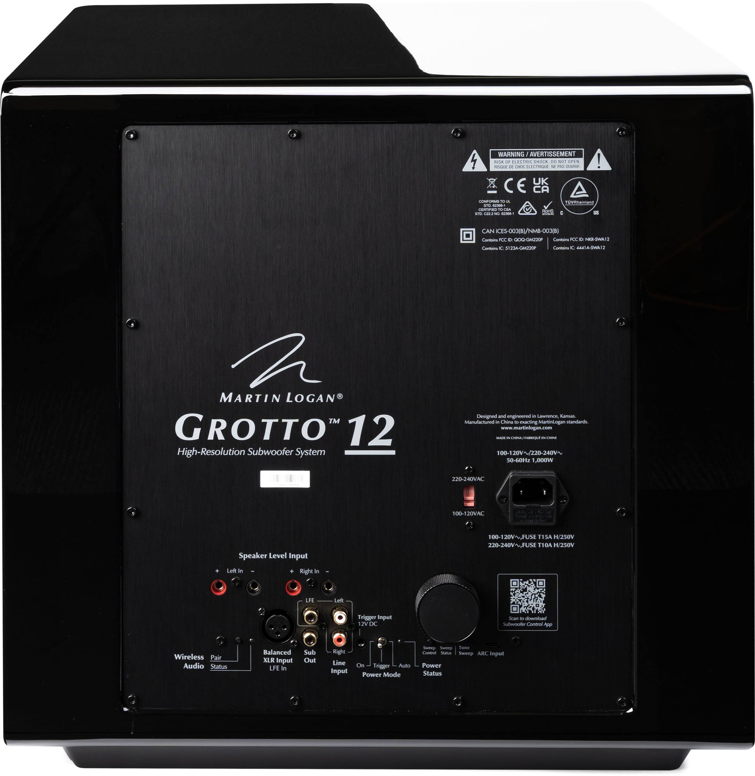 **WARNING / AVERTISSEMENT**  
RISK OF ELECTRIC SHOCK DO NOT OPEN

**CE**  
**UK**  
**CA**  
**KC**  
**C**  
**E**  
**M**  
**Sd**  
**I**  
**EM**  
**AT**  
**E**  
**S**  
**MARTIN LOGAN™ GROTTO™ 12**  
High-Resolution Subwoofer System

**Speaker Level Input**  
Left in  
Right in

**Wireless Pair Audio**  
Subwoofer Control App

**Balanced XLR Input**  
LFE in

**Line Input**  
LFE in

**Trigger**  
12VDC

**Power Mode**  
Auto

**Status**  
Power

**Sub Out**  
Right  
LFE

**Line Input**  
Right  
LFE

**100-120V~/220-240V~**  
10-60Hz

**220-240VAC**  
100-120VAC

**100-120V~ FUSE 15A N°25