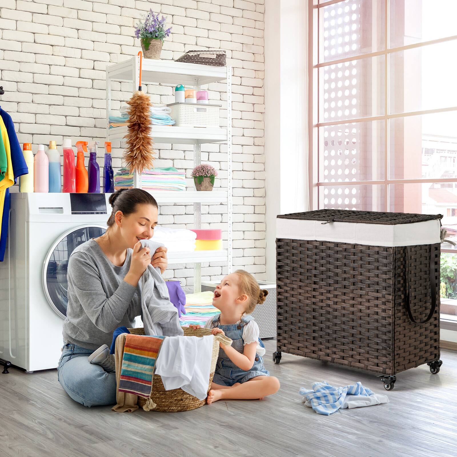 Alt View 3. Costway - Costway Laundry Hamper w/Wheels & Lid, 125L 3-Section Clothes Hamper w/2 Liner Bags - Brown.