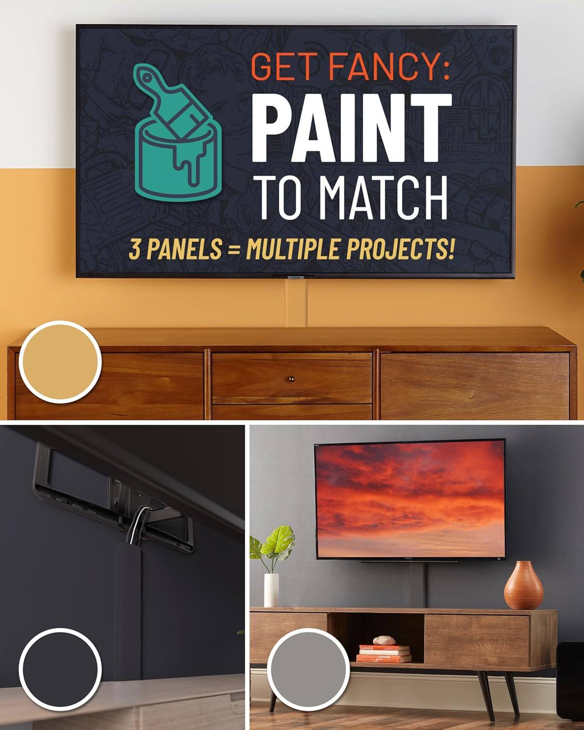 The corrected text from the image is:

"GET FANCY: PAINT TO MATCH 3 PANELS = MULTIPLE PROJECTS!"