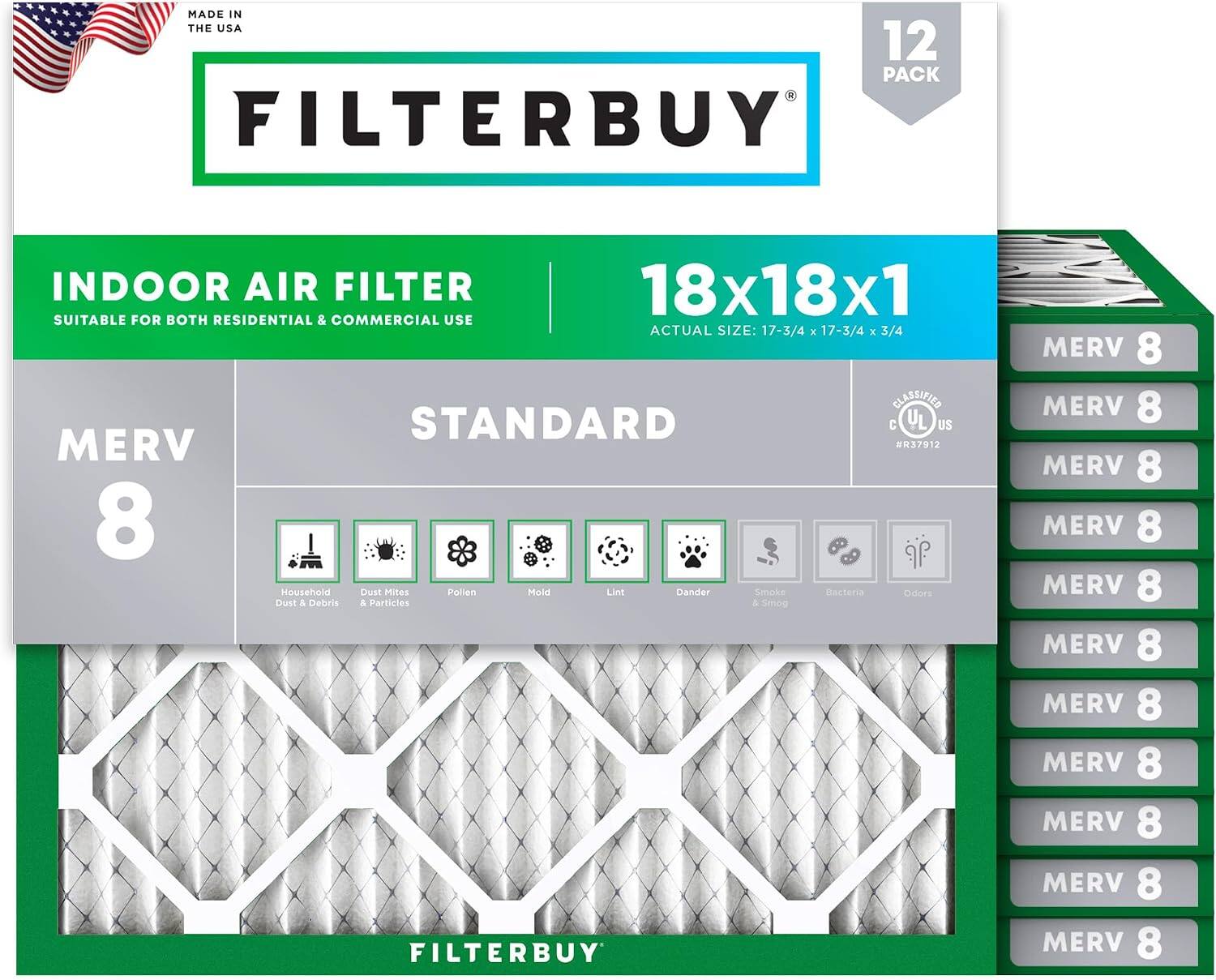 Filterbuy - 18x18x1 MERV 8 Dust & Allergy Defense, Electrostatic Pleated HVAC AC Furnace Air Filters Replacement (12-Pack) - Silver