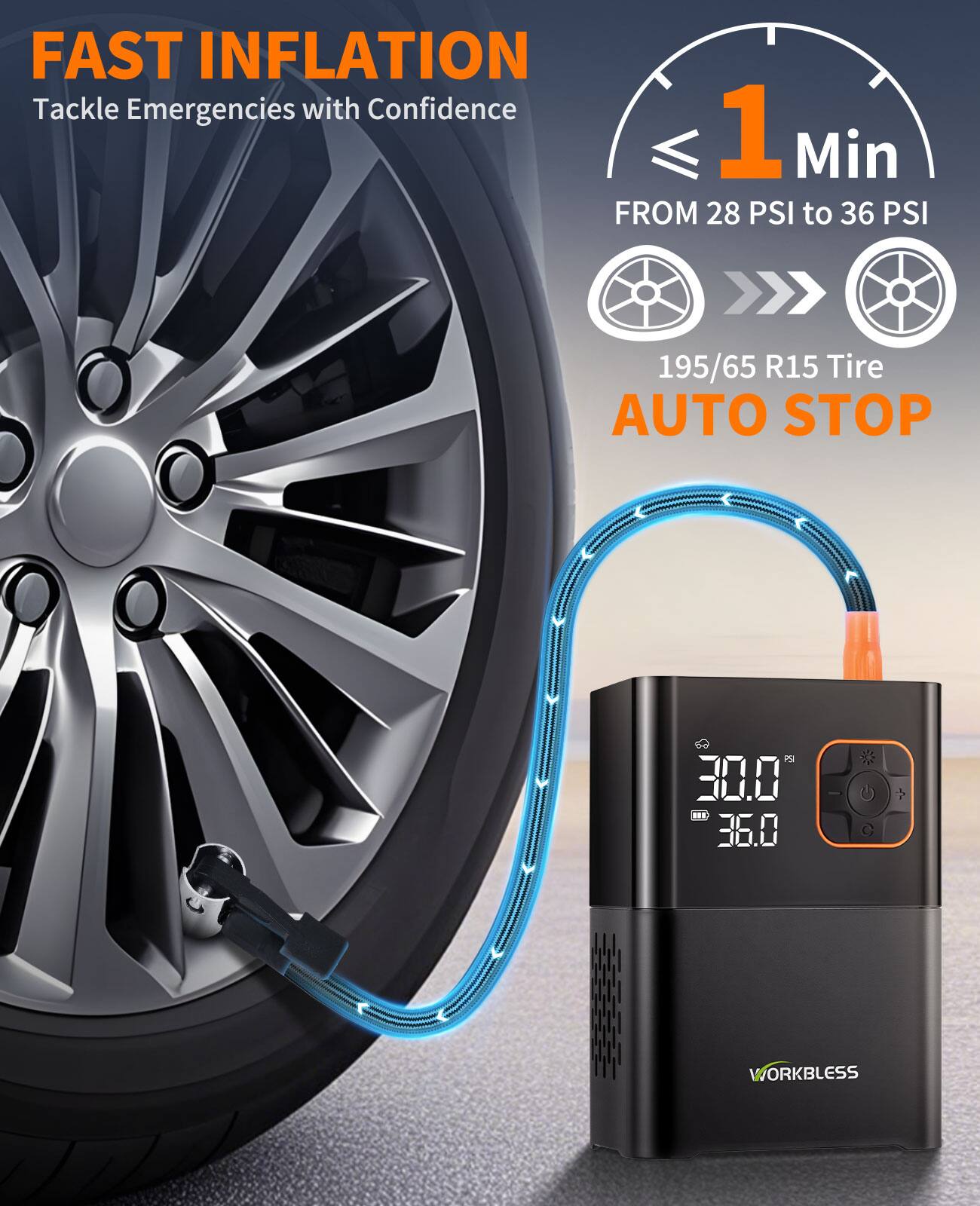 FAST INFLATION  
Tackle Emergencies with Confidence  

1 Min  
FROM 28 PSI to 36 PSI  

195/65 R15 Tire  
AUTO STOP  

WORKBLESS