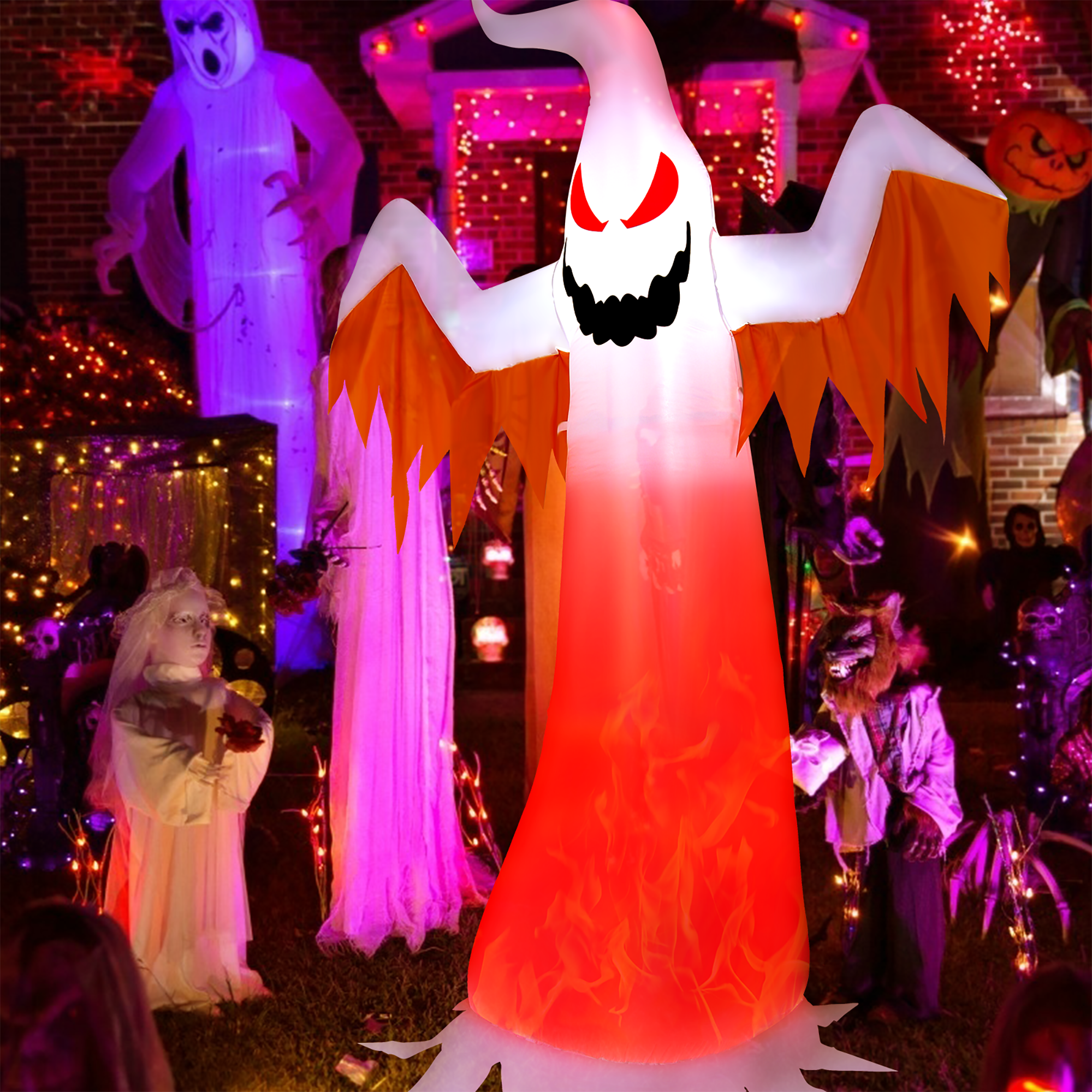 Alt View 11. Costway - 8 FT Halloween Inflatable Ghost with Rotatable Flame LED Lights - White.
