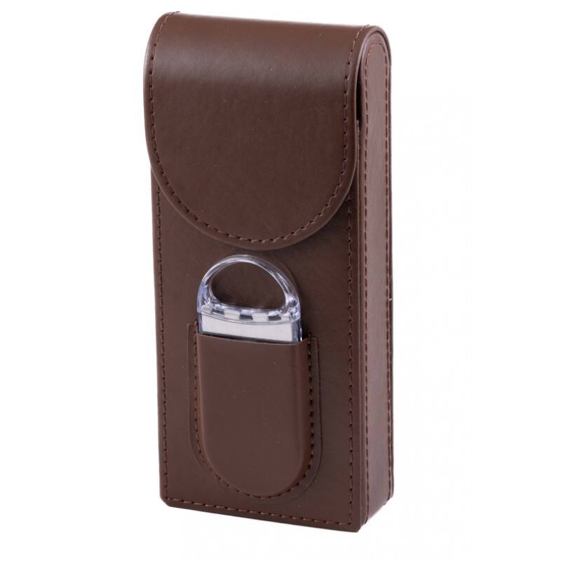 Alt View 1. Prestige - 3 Cigar Leather Case with Cutter (Brown) - Brown Leather Finish.