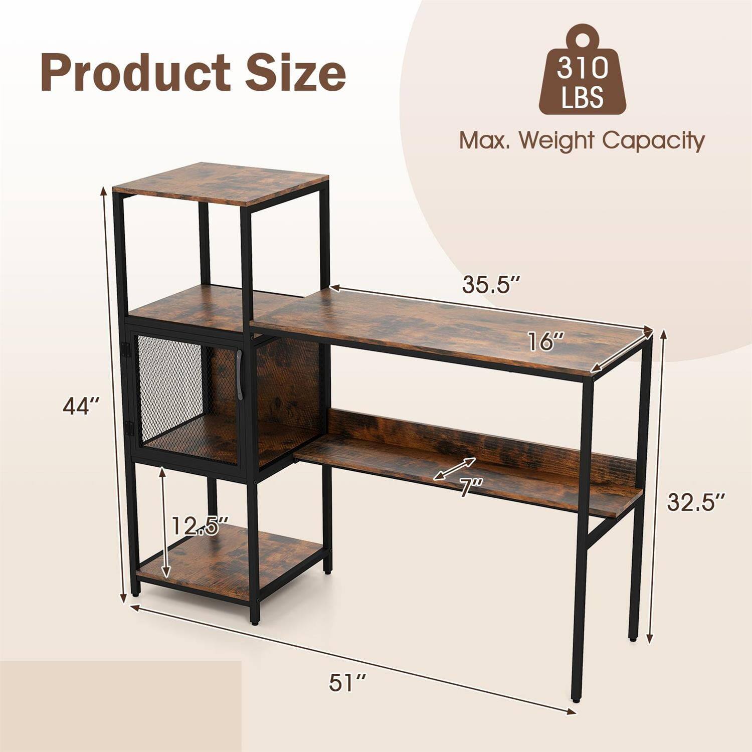 Product Size  
310 LBS Max. Weight Capacity  
35.5" x 16" x 44" x 12.5" x 7" x 32.5" x 51"