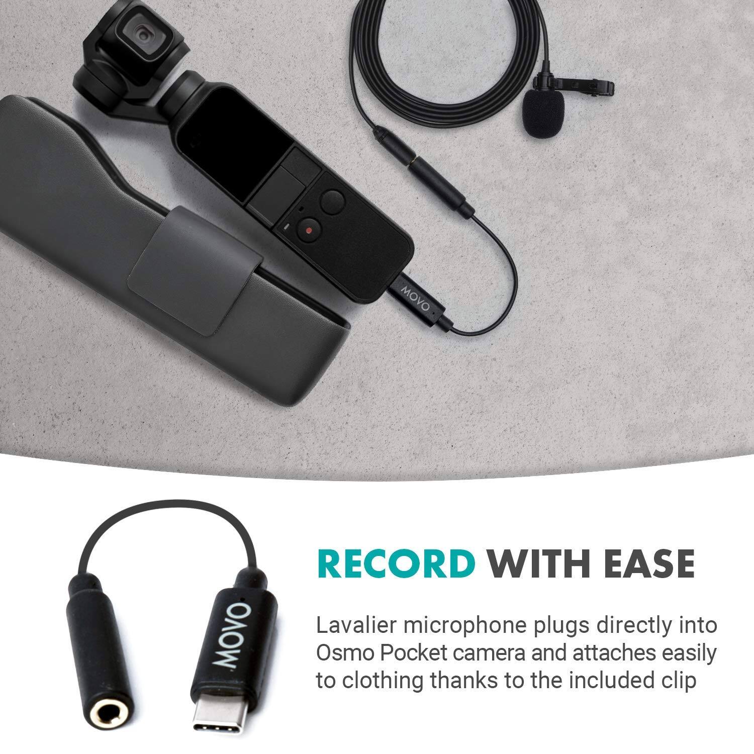 RECORD WITH EASE

Lavalier microphone plugs directly into Osmo Pocket camera and attaches easily to clothing thanks to the included clip
