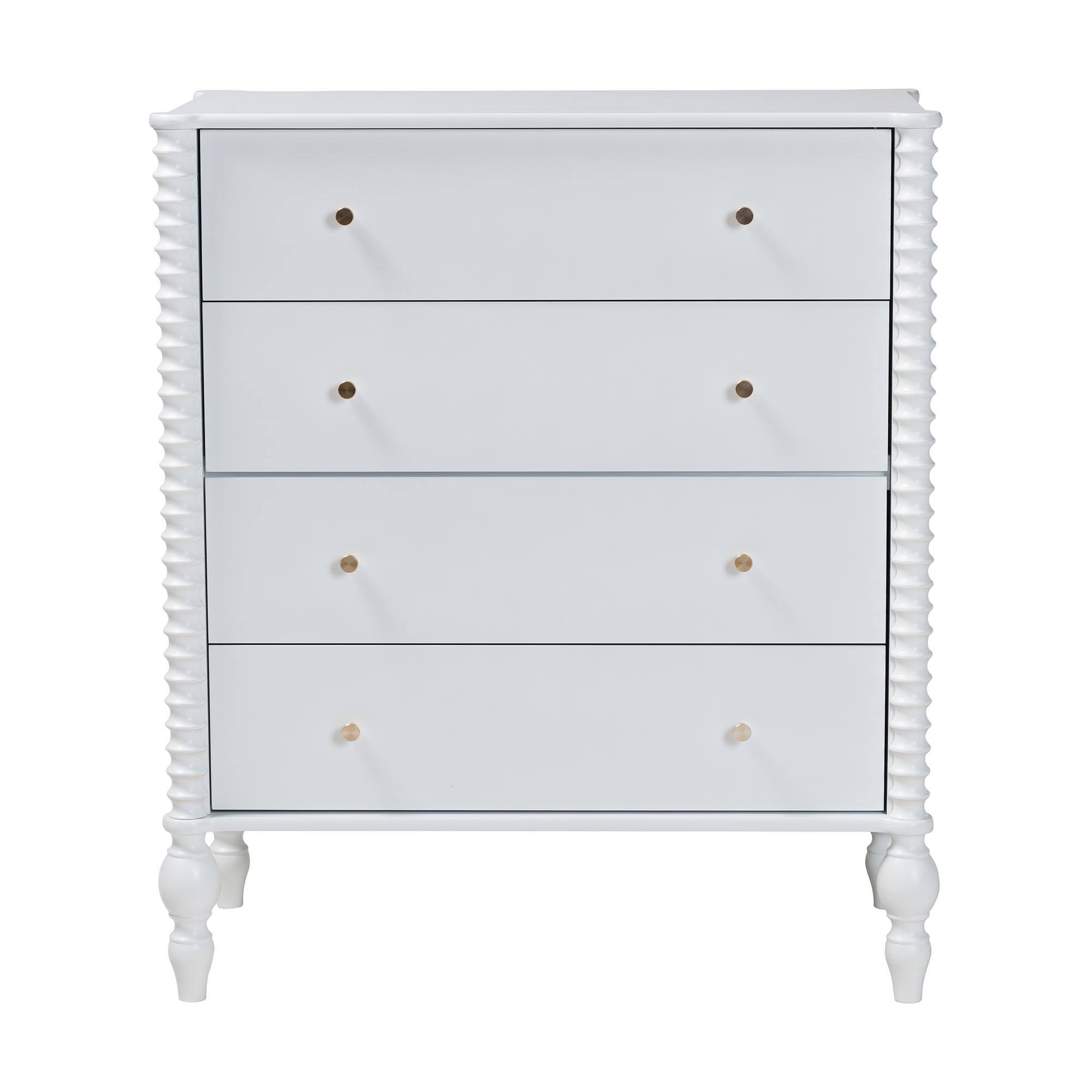 Back. Baxton Studio - Callison Spindle Chest - 4-Drawer Farmhouse Vertical Cabinet with Turned Accents for Bedroom, - White.