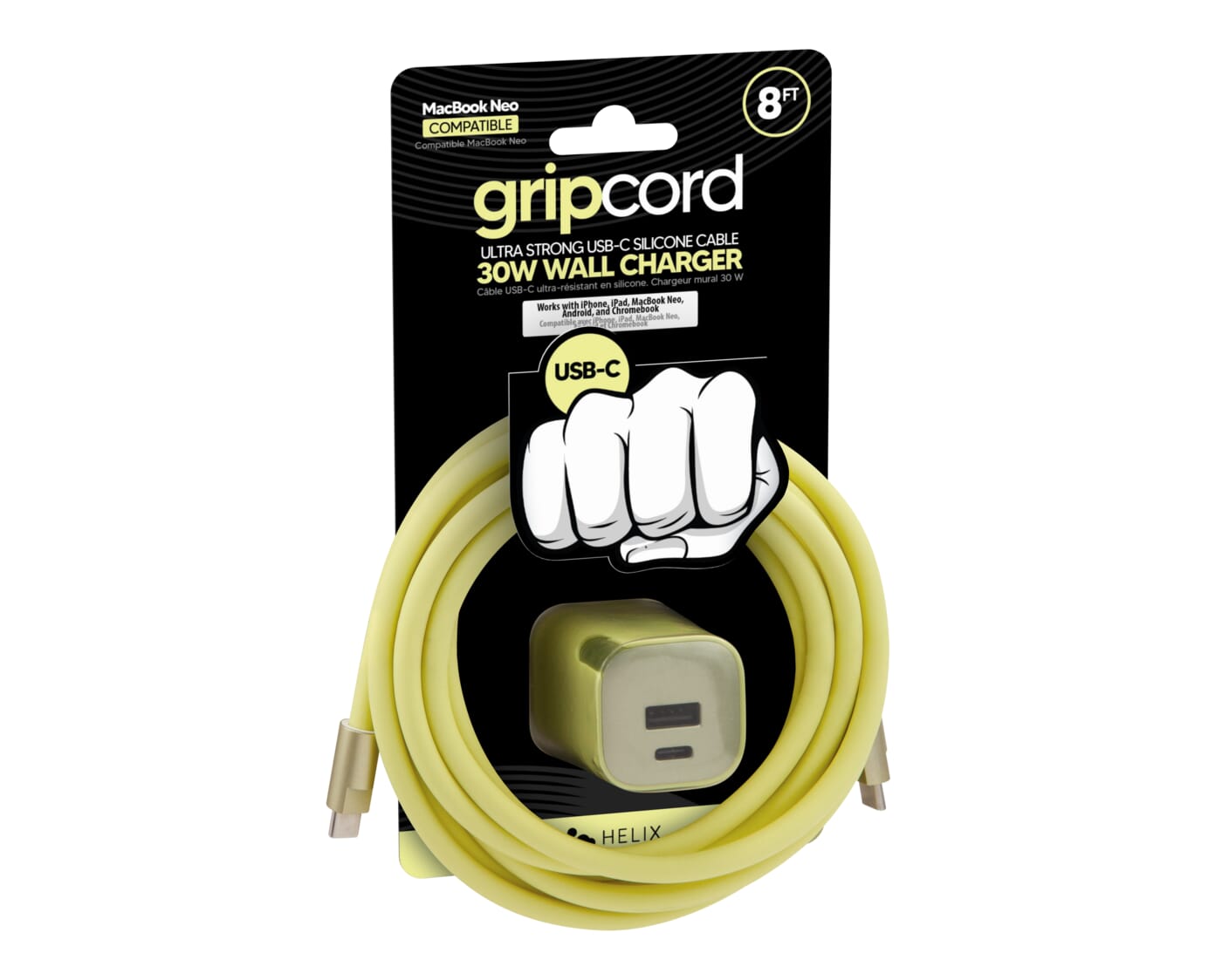 MacBook Neo 8FT COMPATIBLE  
gripcord CABLE STRONG USB-C SILICONE  
ULTRA 30W WALL CHARGER  
Compatible with iPhone, iPad, MacBook Neo, Chromebook, Android and Pixel  
USB-C HELIX