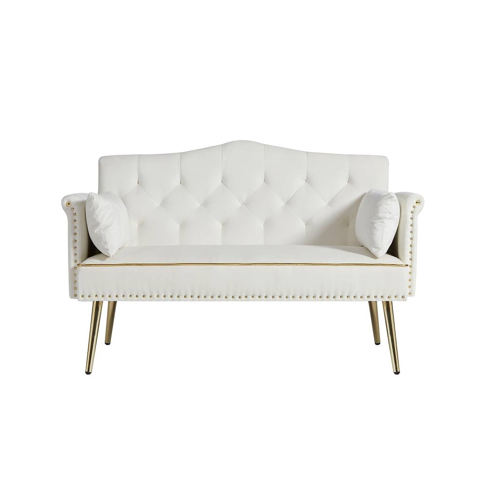 Alt View 1. Loheer - Loheer Cream White 2 Seater Sofa Tufted Velvet Loveseat with Gold Metal Legs Small Apartment Couch - Cream White.