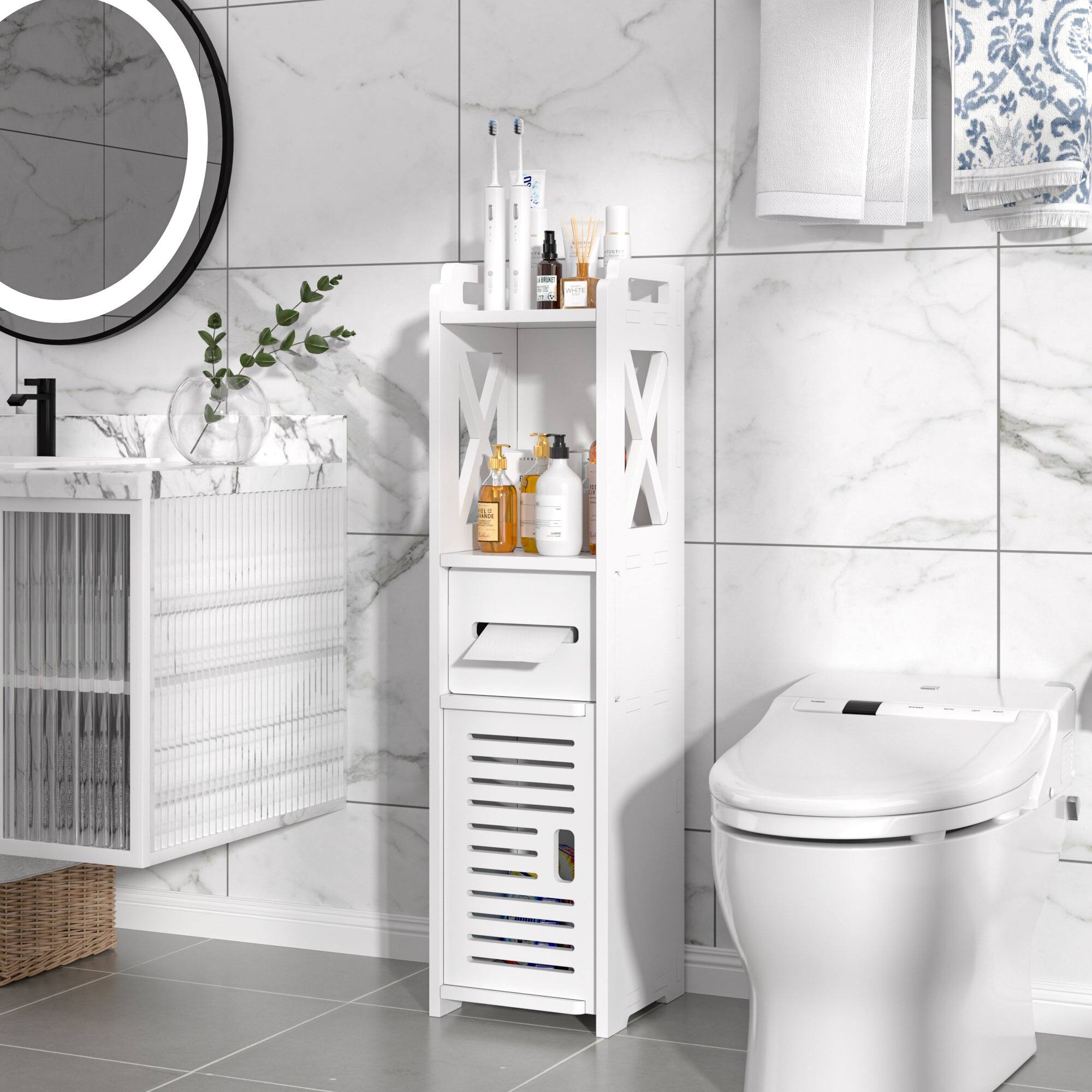 Left. Vecelo - Narrow Bathroom Storage Cabinet with Toilet Paper Organizer-Space-Saving, Perfect for Small Bathrooms & Next to Toilets - White.