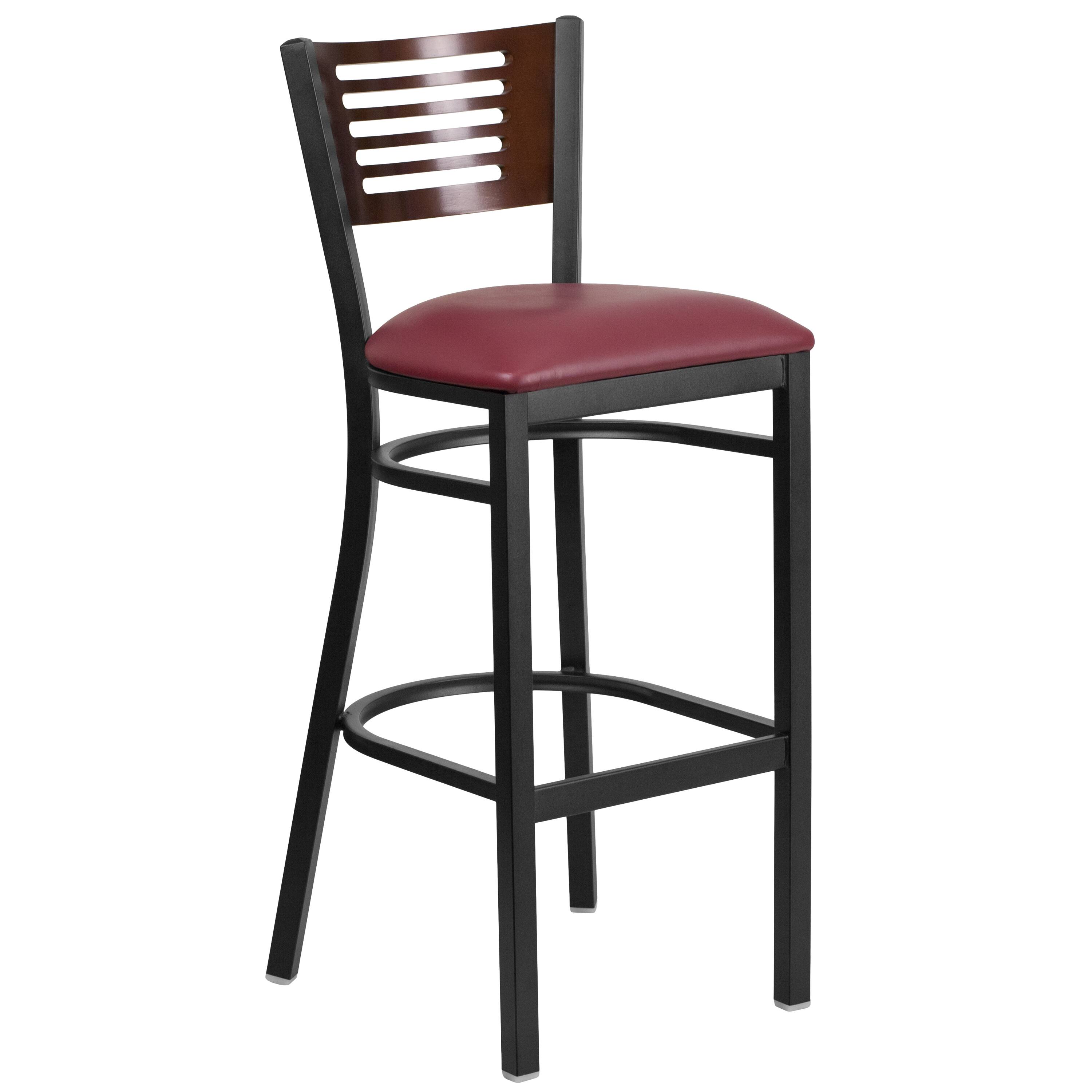 Walnut Wood Back/Burgundy Vinyl Seat/Black Metal