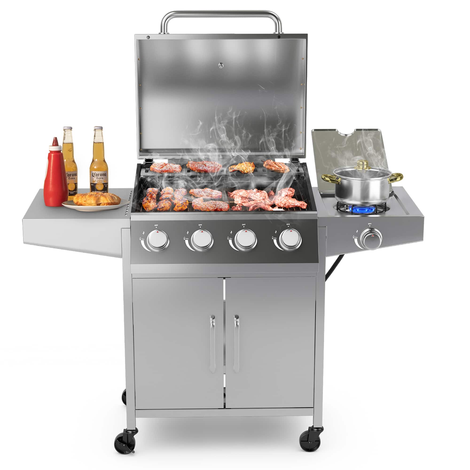 The image features a large grill with a variety of food items being cooked on it. There are several chicken wings and hot dogs being grilled, as well as a few bottles of beer placed nearby. The grill is placed on a cart, making it easy to move around and cook food. The scene is set against a white background, which highlights the delicious meal being prepared.