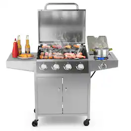 Costway - 5-Burner Propane Gas BBQ Grill with Side Burner, Thermometer, Prep Table 50000 BTU - Silver