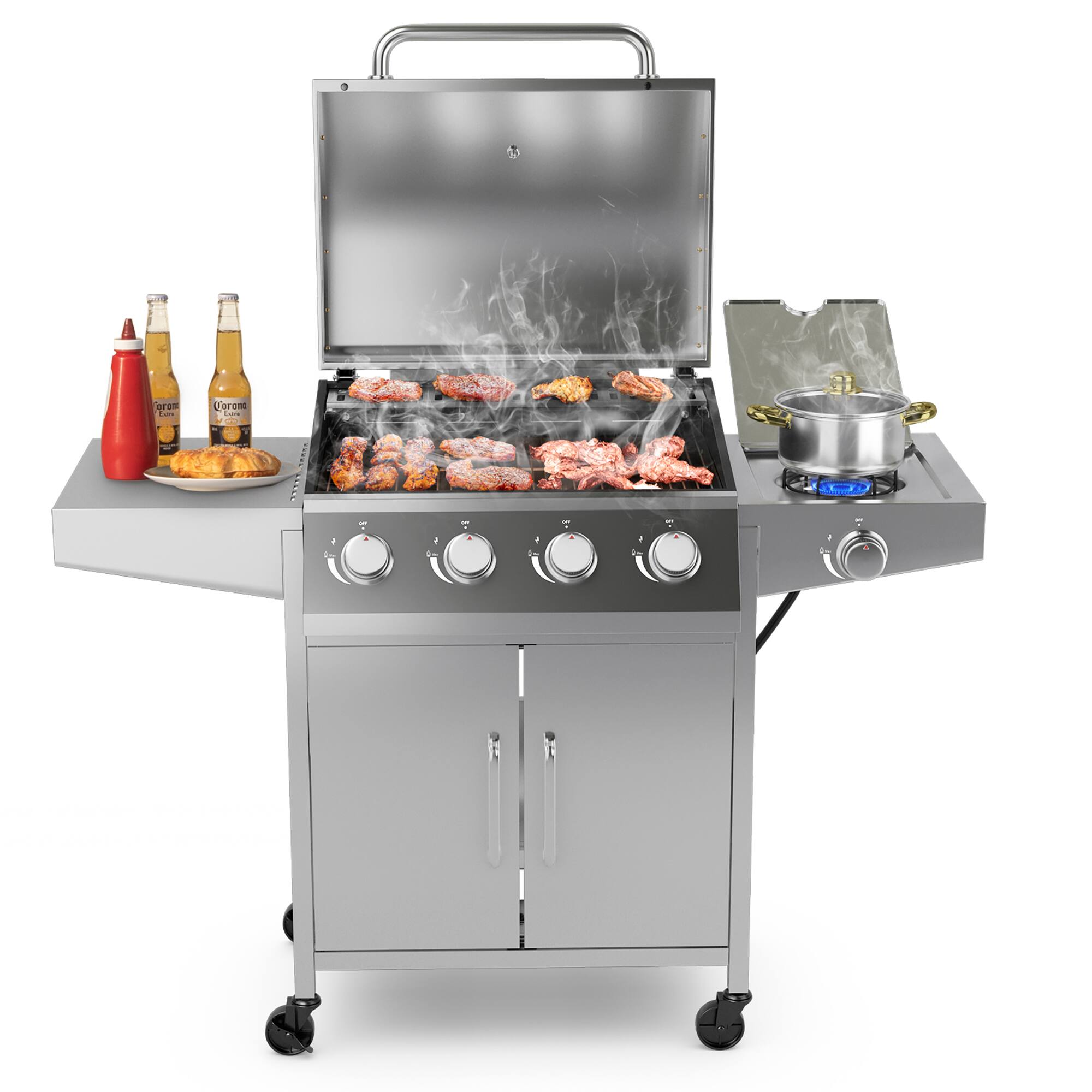 The image features a large grill with a variety of food items being cooked on it. There are several chicken wings and hot dogs being grilled, as well as a few bottles of beer placed nearby. The grill is placed on a cart, making it easy to move around and cook food. The scene is set against a white background, which highlights the delicious meal being prepared.