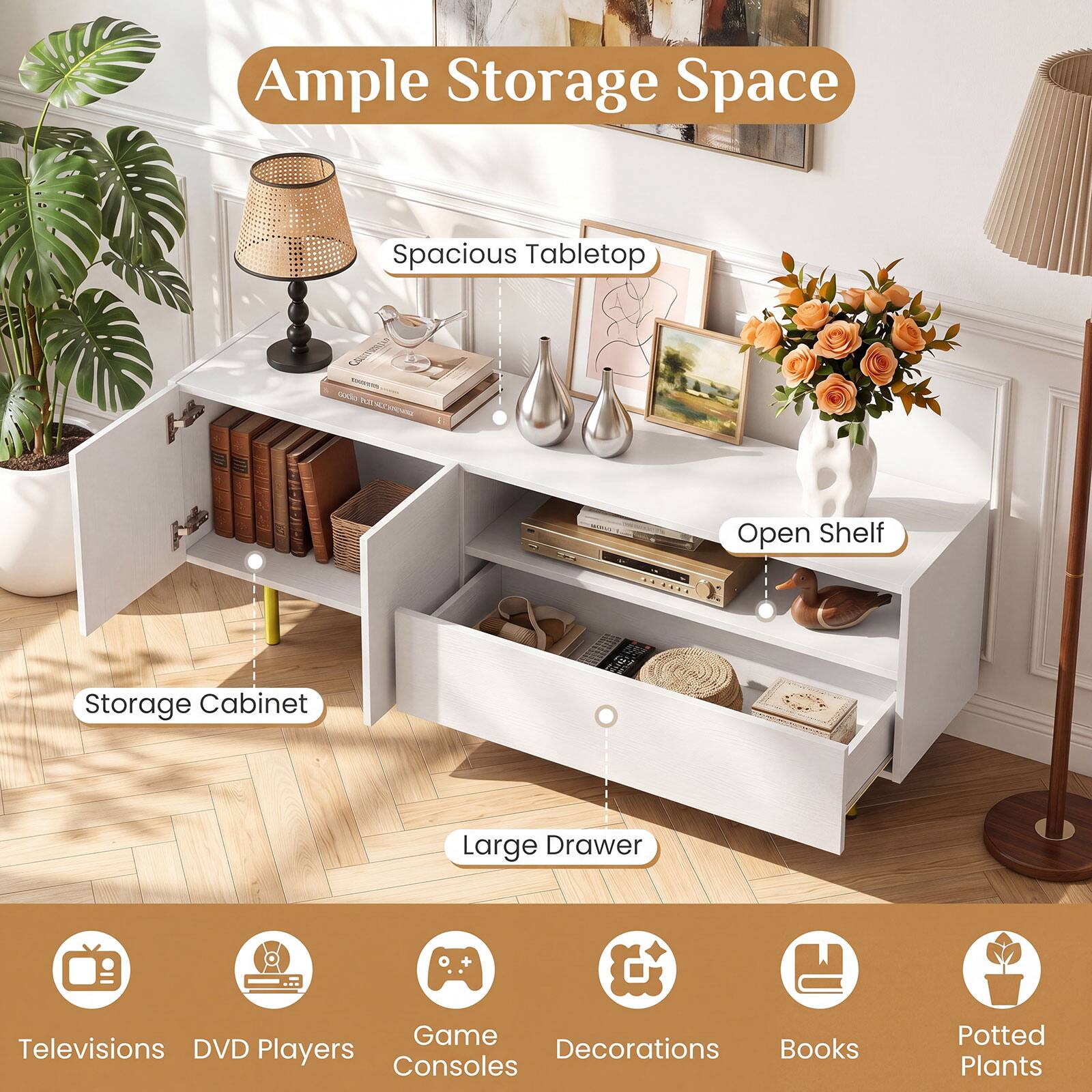 Ample Storage Space Spacious Tabletop and Open Shelf Storage Cabinet Large Drawer + Game Televisions DVD Players Decorations Books Consoles Potted Plants