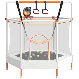 Segmart - 60" Mini Trampoline for Kids with Enclosure, Indoor Outdoor Toddler Trampoline with Adjustable Gymnastics Bars - White
