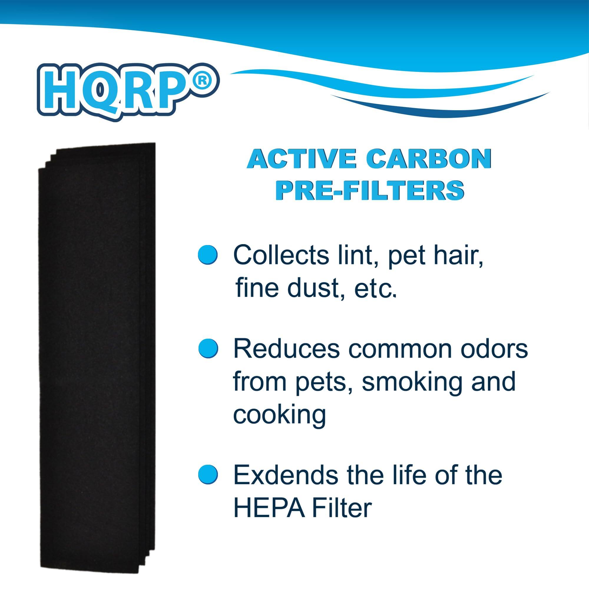 HQRP ACTIVE CARBON PRE-FILTERS  
Collects lint, pet hair, fine dust, etc.  
Reduces common odors from pets, smoking and cooking  
Extends the life of the HEPA Filter