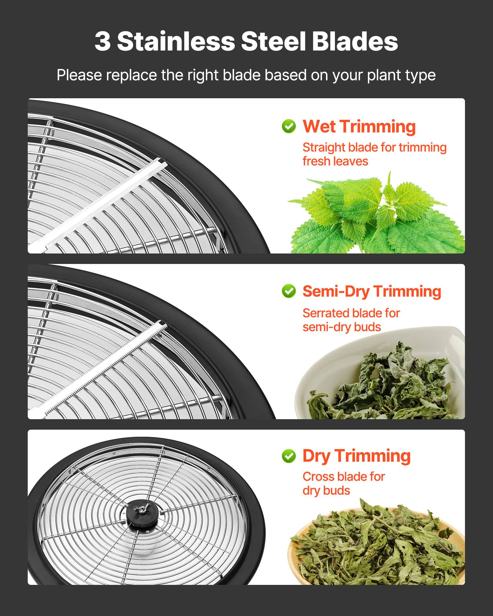 3 Stainless Steel Blades

Please replace the right blade based on your plant type

- Wet Trimming
  - Straight blade for trimming fresh leaves

- Semi-Dry Trimming
  - Serrated blade for semi-dry buds

- Dry Trimming
  - Cross blade for dry buds