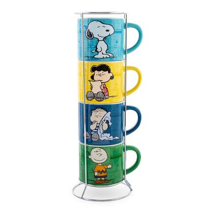 Front. Silver Buffalo - Peanuts Characters Ceramic Stacking Mug Set With Rack | Each Holds 10 Ounces - Blue.