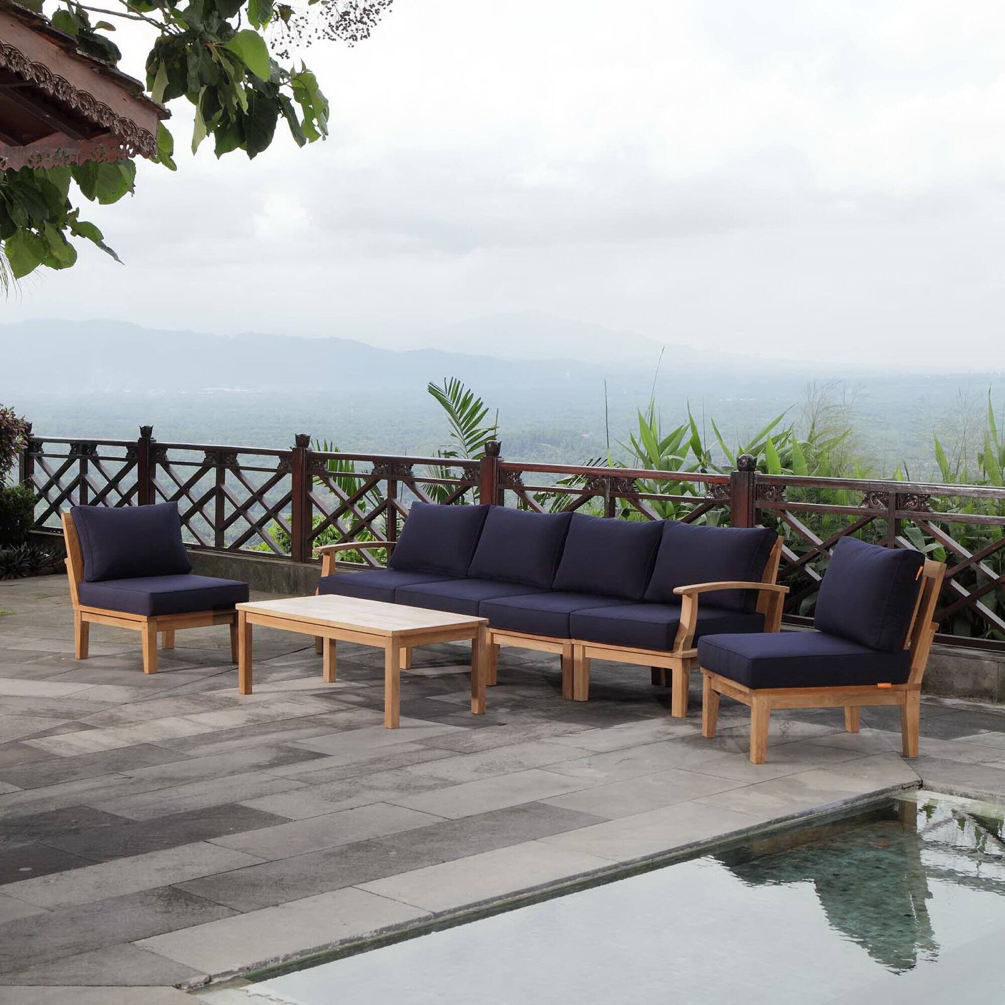 Alt View 5. Modway - Marina 7-Piece Outdoor Teak Patio Set - Solid Teak, Cushioned Seats, Machine-Washable Covers - Natural Navy.