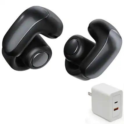 Front. Bose - Bose Ultra Open Earbuds Bundle with Fast Charger -Water Resistant, Up to 48 Hrs of Playtime, (Black) - Black.