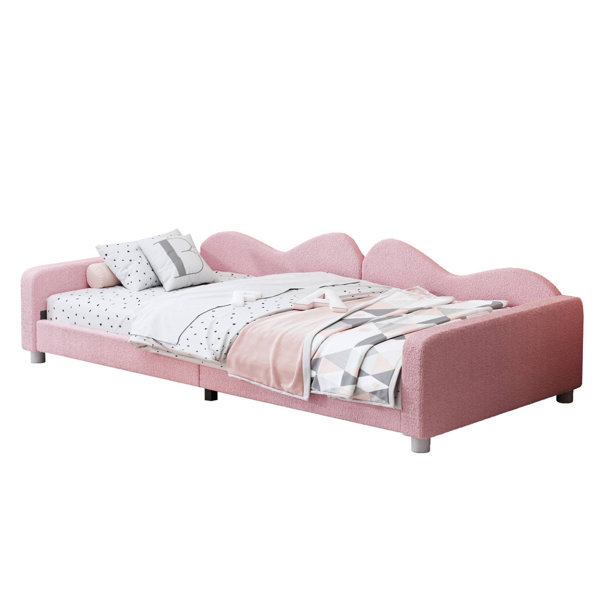 Alt View 4. GOODSILO - Twin Size Upholstered Sherpa Fabric Daybed with Cloud-Shaped Backrest Sofabed for Modern Home Decor - Pink.
