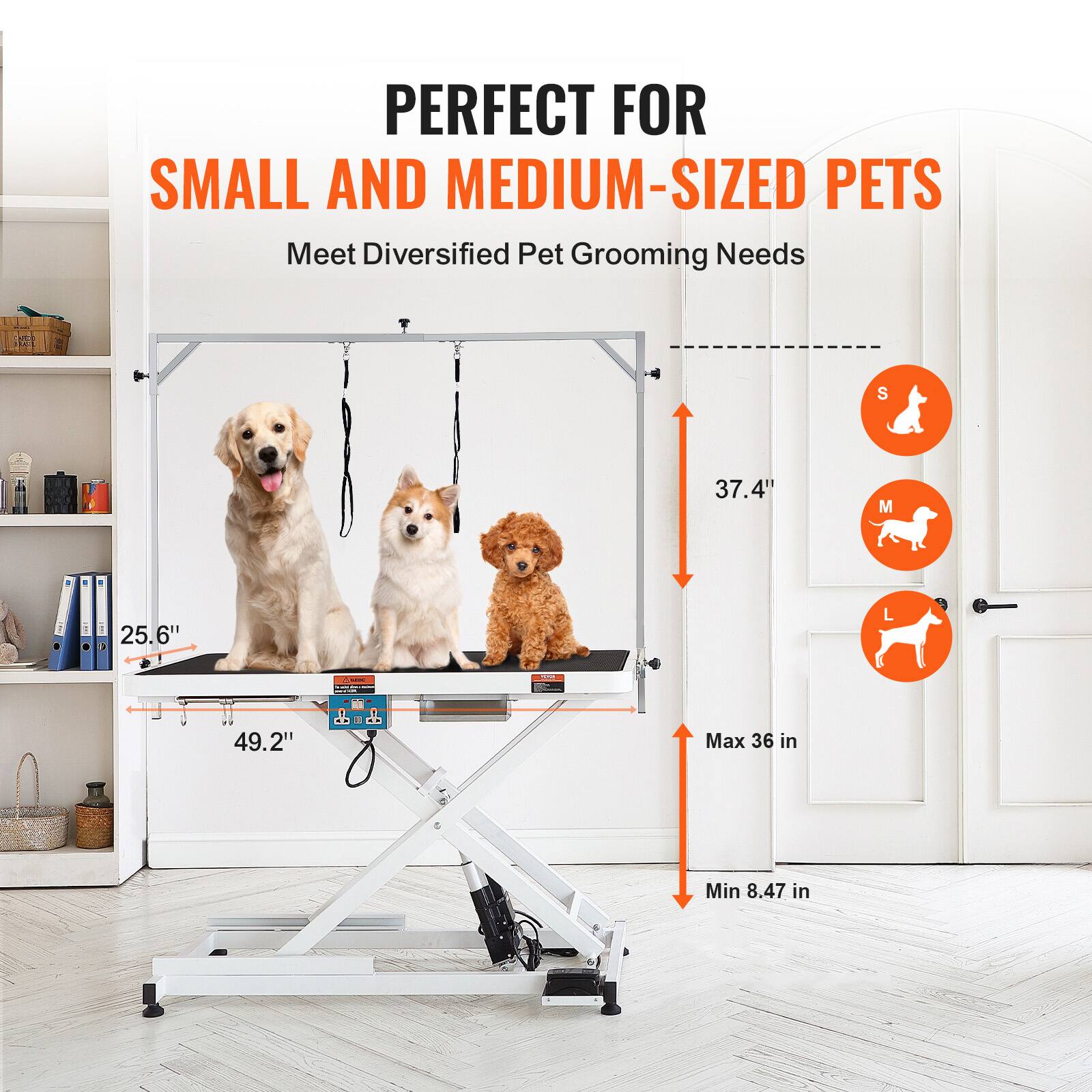 PERFECT FOR  
SMALL AND MEDIUM-SIZED PETS  
Meet Diversified Pet Grooming Needs  

S 37.4"  
M 25.6"  
L 49.2"  
Max 36 in  
Min 8.47 in