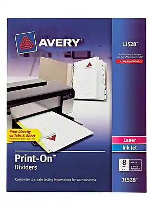 Avery 11528
Print-On™ Dividers
Print Directly on Tabs & Sheet
Customize to create lasting impressions for your business.
11528
Laser Ink Jet
8 White Tabs
3-Hole Punched
Free Templates & Designs
Use Avery™ Template 11528
avery.com/11528