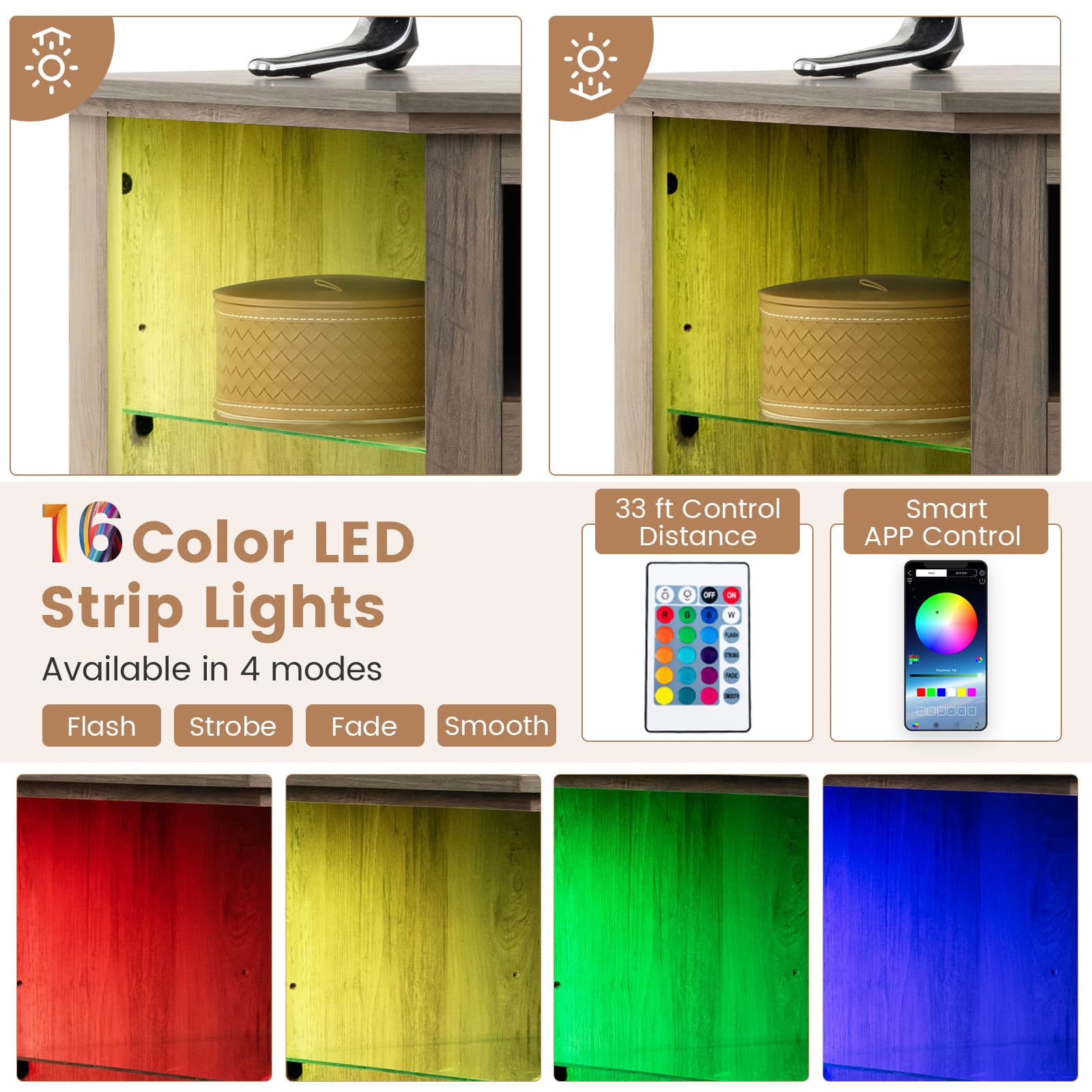 16 Color LED Strip Lights are available in 4 modes, with a control distance of 33 feet. These lights can be controlled using a smartphone app, offering features such as Flash, Strobe, Fade, and Smooth.