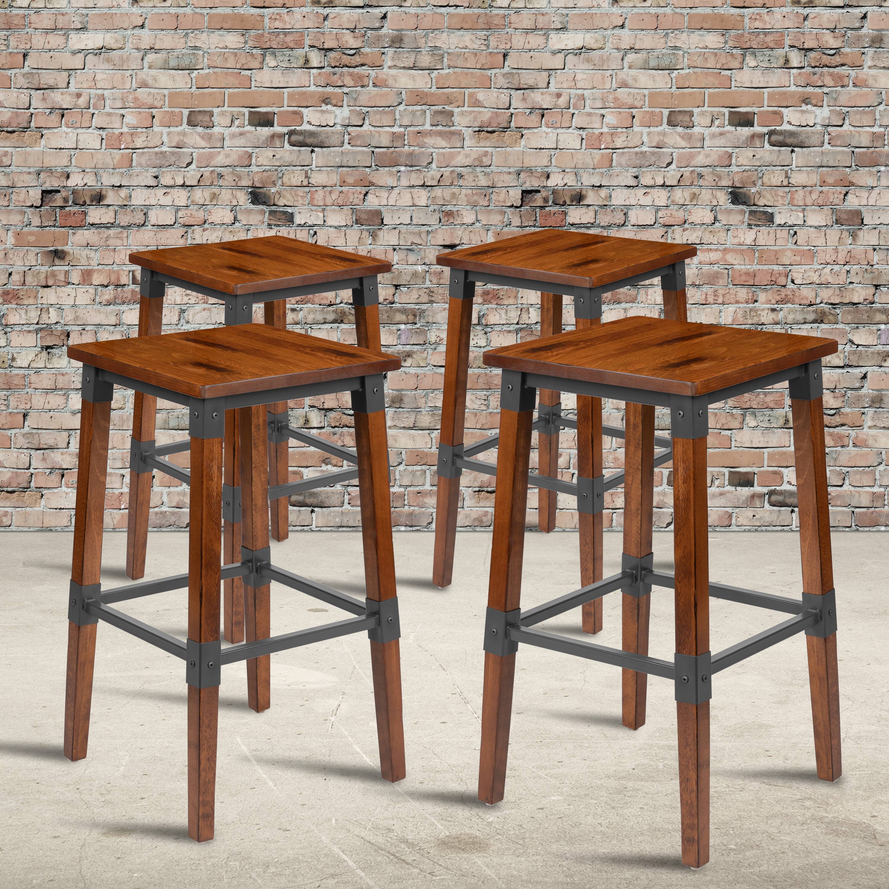 Alt View 2. Emma + Oliver - 4 Pack Commercial Grade Rustic Industrial Style Backless Wood Barstool - Walnut.