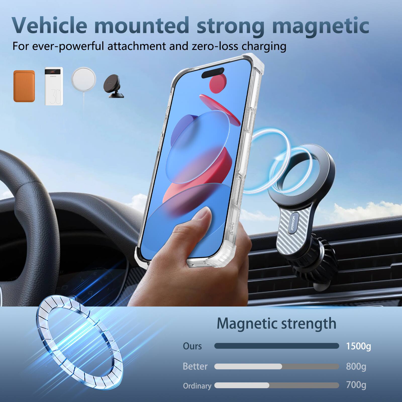 Vehicle mounted strong magnetic  
For ever-powerful attachment and zero-loss charging  

Magnetic strength  
Ours: 1500g  
Better: 800g  
Ordinary: 700g