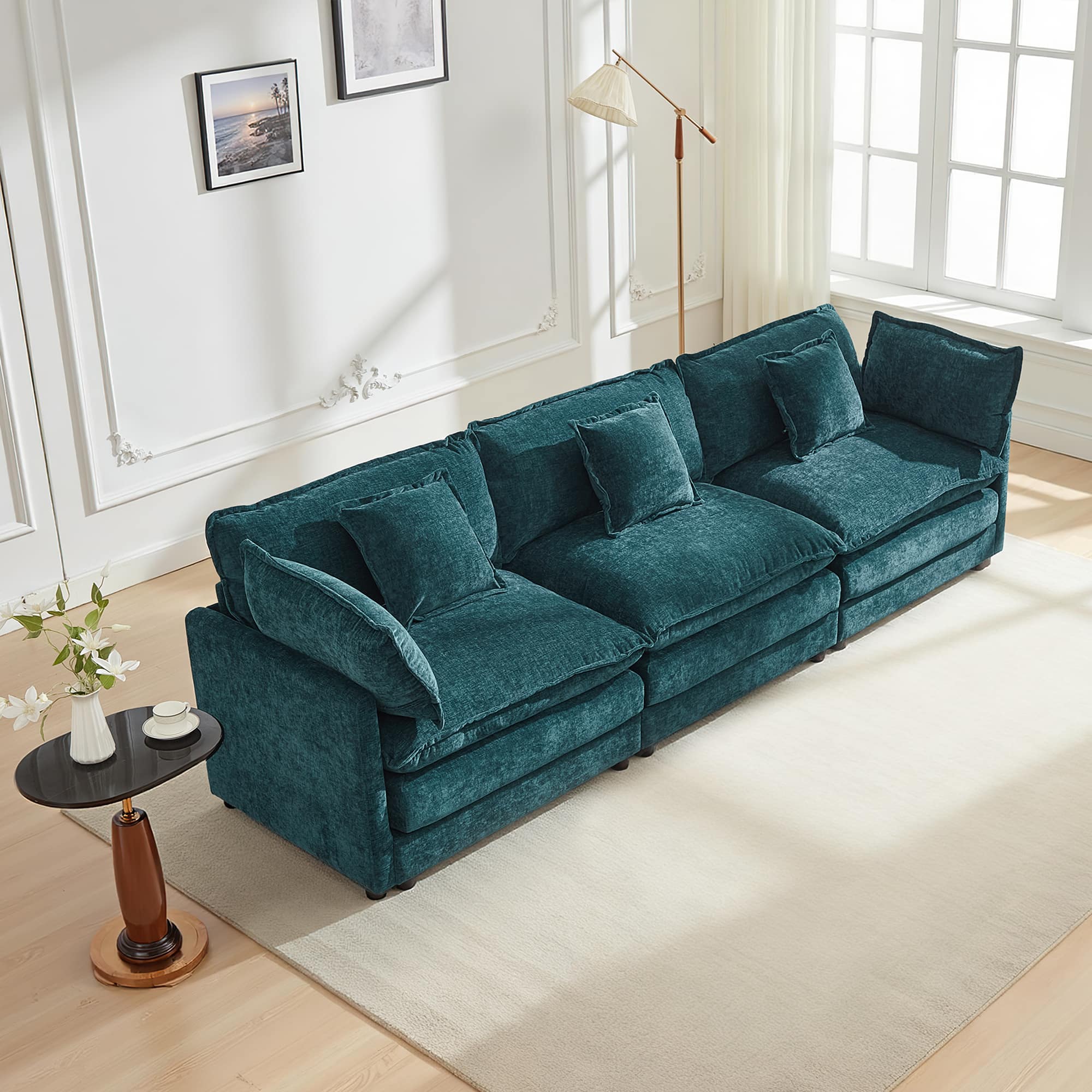 KERDOM - Furniture 3 Seat Sofa for Living Room, Convertible Chenille Sectional Sofa Couch for Apartment Studio, Free Pillows - Green